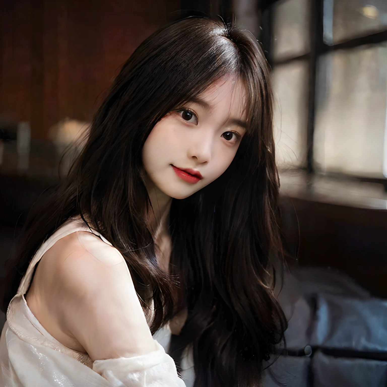 A dark-haired、Longhaire、The tips of the hair are curled、20yr old、a small face、large round eyes、light skinned、slender、slightly larger breasts、A slight smil、cute little、drooing eyes、Mole at the corner of the eye、Raw photo、bangss、Delicate collarbones、Beautie、valley