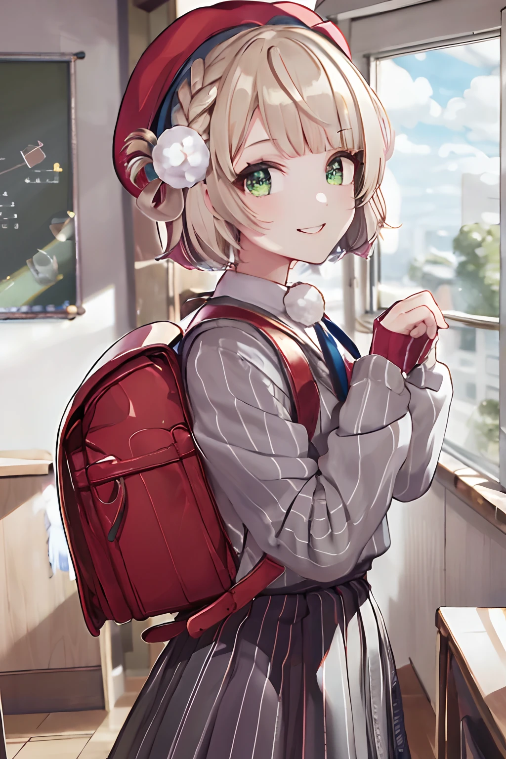masterpiece, best quality, highres, ui1, 1girl, solo, hair rings, green eyes, pom pom hair ornament, sailor collar, long sleeves, striped jacket, braid, vertical_striped skirt, vertical stripes, beret, cowboy shot, smile, wearing randoseru backpack, indoor, classroom