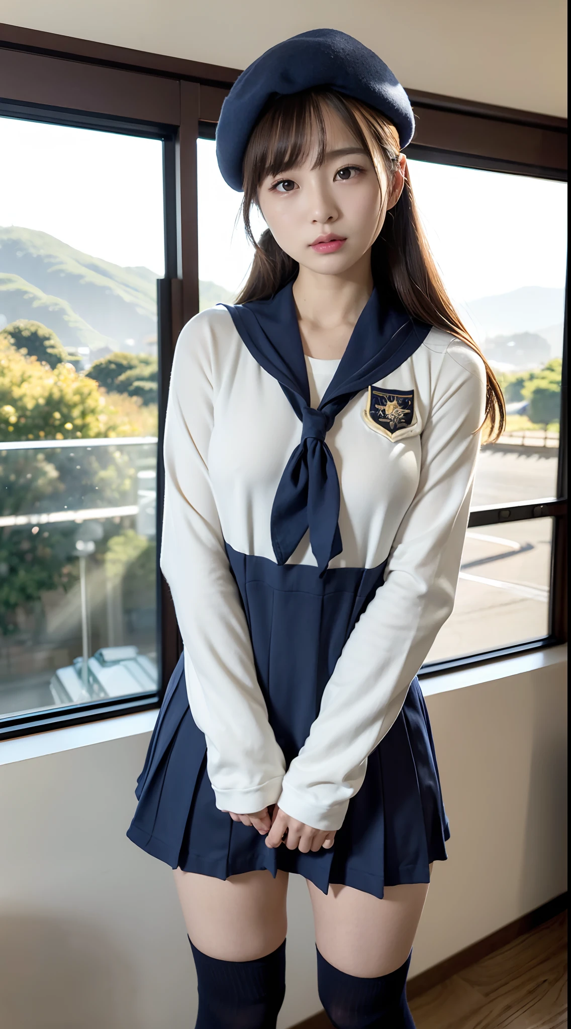 mix4, (16 K, Raw photography, Top image quality, masterpiece: 1.45), (realisitic, Photorealsitic: 1.37), one girls, 7.5, etc、Random hairstyle、Standing figure,Morning time slot、a very cute,countryside view,, profetional lighting, photon maping、physically-based renderingt, Gradient dark brown hair,Crisp backgrounds and high resolution, a handsome, Well-groomed and beautiful eyes、Large double eyelids、Very shiny、girl with, (((student clothes、Winter clothes、Sailor suit worn by Japan schoolgirl、Navy blue sailor color、scarf、a miniskirt, Small beret、high socks、lowfers))), Top Quality Photos, hight resolution, 1080p, (clearface), (Detailed face description), (Detailed hand description), (masterpiece), (Exquisite CG)、extreme light and shadows、dishevled hair、master work、abundant detail、(Fine facial features)、(top quality photo)、(masuter piece)、(A detailed eye)、Look in front of you、Fine clavicle、((Slender big))、(((Japan schoolgirl in sailor suit)))、((Idle system))、((country、train track、railroad crossing、Mountains in the distance々))、(((neat and cute)))、耳Nipple Ring、A big smile、Drawing the whole body from the knees、Do not draw nasolabial folds、(((Long sleeve sailor suit)))、(Big breasts that hang down big:1.2)、Big buttocks with tension、Two arms and two legs、(((from the front side:0.3)))、bare hand、No mask、No skin exposure