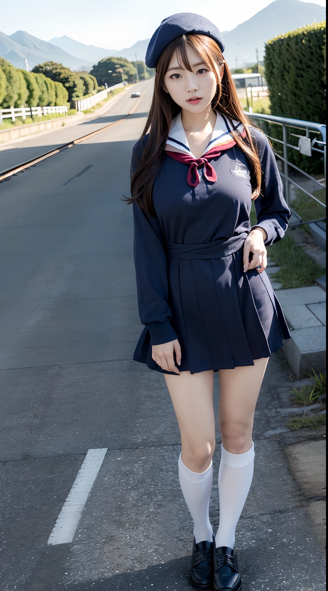 mix4, (16 K, Raw photography, Top image quality, masterpiece: 1.45), (realisitic, Photorealsitic: 1.37), one girls, 7.5, etc、Random hairstyle、Standing figure,Morning time slot、a very cute,countryside view,, profetional lighting, photon maping、physically-based renderingt, Gradient dark brown hair,Crisp backgrounds and high resolution, a handsome, Well-groomed and beautiful eyes、Large double eyelids、Very shiny、girl with, (((student clothes、Winter clothes、Sailor suit worn by Japan girl、Navy blue sailor color、scarf、a miniskirt, Small beret、high socks、lowfers))), Top Quality Photos, hight resolution, 1080p, (clearface), (Detailed face description), (Detailed hand description), (masterpiece), (Exquisite CG)、extreme light and shadows、dishevled hair、master work、abundant detail、(Fine facial features)、(top quality photo)、(masuter piece)、(A detailed eye)、Look in front of you、Fine clavicle、((Slender big))、(((Japan schoolgirl in sailor suit)))、((Idle system))、((country、train track、railroad crossing、Mountains in the distance々))、(((neat and cute)))、耳Nipple Ring、A big smile、Drawing the whole body from the knees、Do not draw nasolabial folds、(((Long sleeve sailor suit)))、(Big breasts that hang down big:1.2)、Big buttocks with tension、Two arms and two legs、(((from the front side:0.3)))、bare hand、No mask、No skin exposure