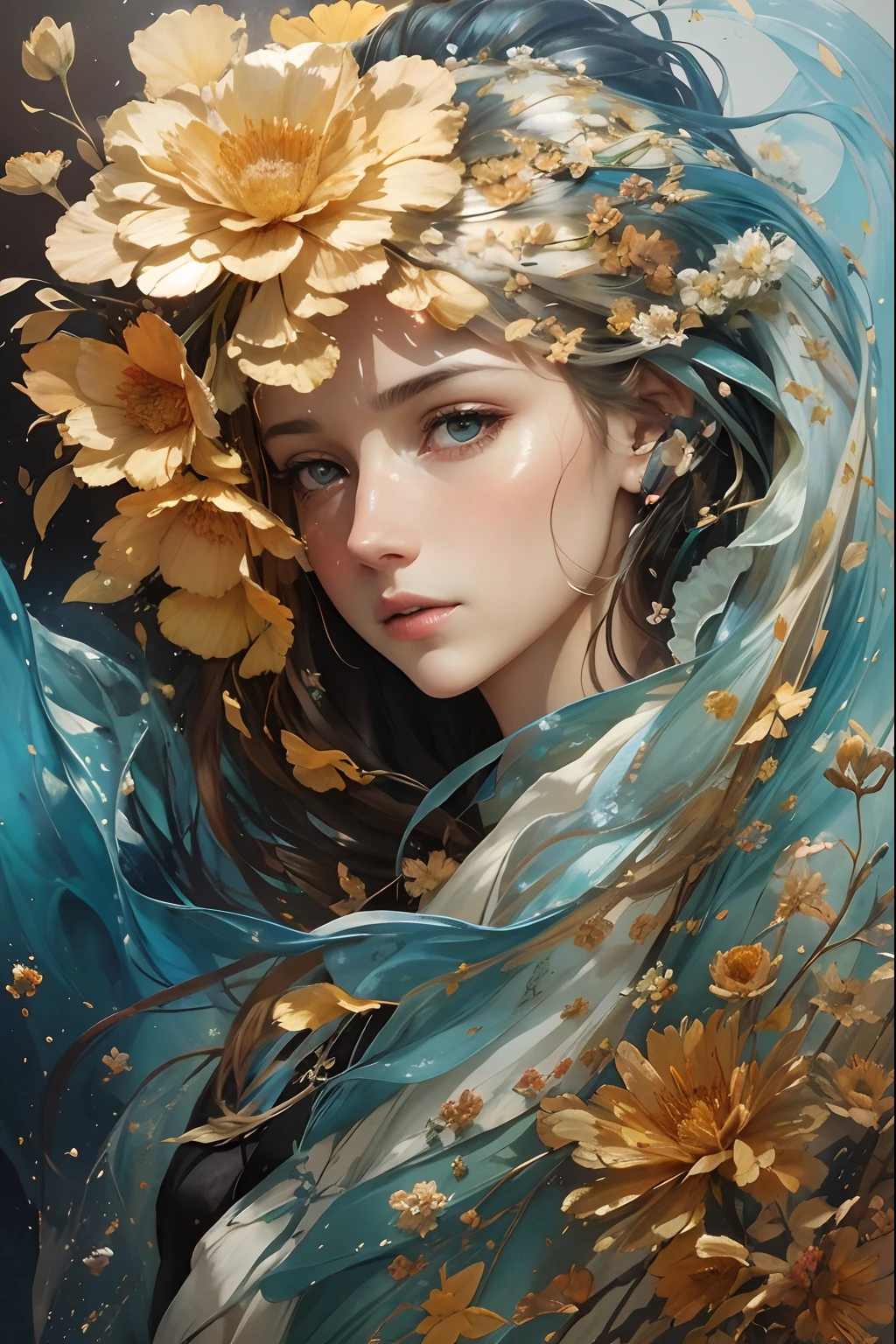 high quality, 8K Ultra HD, high detailed, Watercolor, wash technique, colorful, A painting with dripping and scattered paint, Painting like Agnes Cecile, blurry, pale touch, smudged outline, like a fairy tale, Beautiful woman made with flower colorage, expressing women using flowers and plants, cutting and combining petals and leaves, drawing women's hair and dresses using the colors and shapes of flowers, vivid colors and nature, luminism, three dimensional effect, enhanced beauty, Albert Anker, Feeling like John Howe, Greg Rutkowski, Feeling like Kyoto Animation, Artgerm, WLOP, Alphonse Beeple, luminism, Isometric, awesome full color,