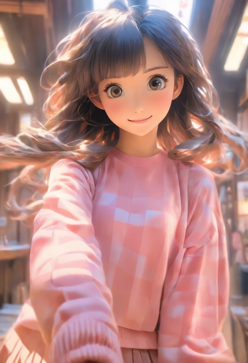 top-quality, Photorealsitic, masterpiece, 8K, Hi-Res, 独奏, 1girl, (((infp young woman))),sixteen years old、full bodyesbian、(small tits), ((Look at viewers)), (look at a camera), ((Various hairstyles close to long))、Perfect straight black hair、With bangs、 (profetional lighting), Highly detailed bright face、Gentle Japan girl、Nice smiling face、Pink T-shirt(long-sleeve)、Checked pleated skirt、Standing in the room