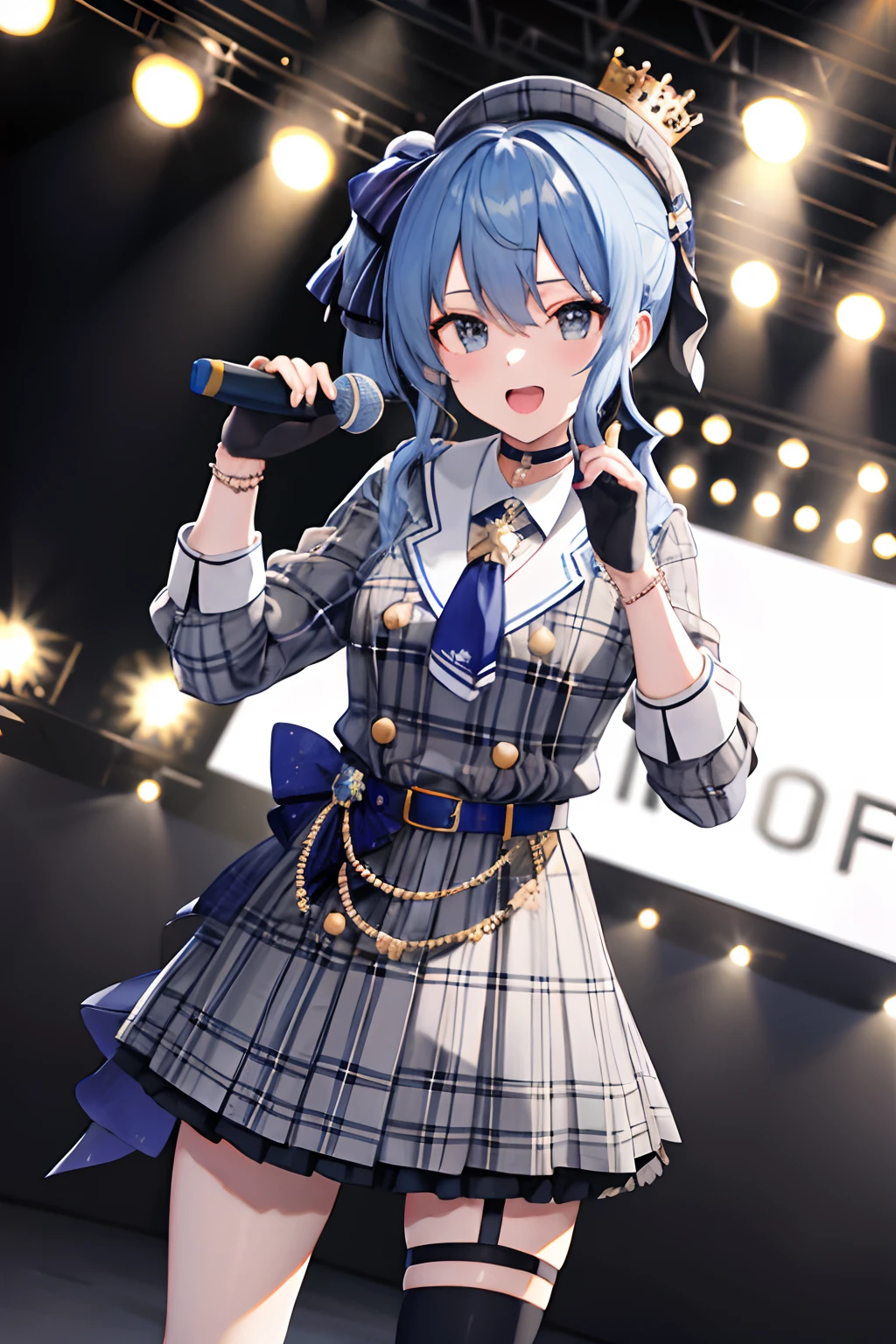 masterpiece, best quality, highres, sui1, 1girl, solo, side ponytail, hoshimachi suisei, fingerless gloves, single thighhigh, jewelry, single sock, thigh strap, bracelet, blue socks, buttons, single kneehigh, plaid dress, blue choker, blue belt, plaid skirt, mini crown, grey skirt, blue ascot, long sleeves, plaid jacket, cowboy shot, singing, microphone, opened mouth, music concert, stage, happy