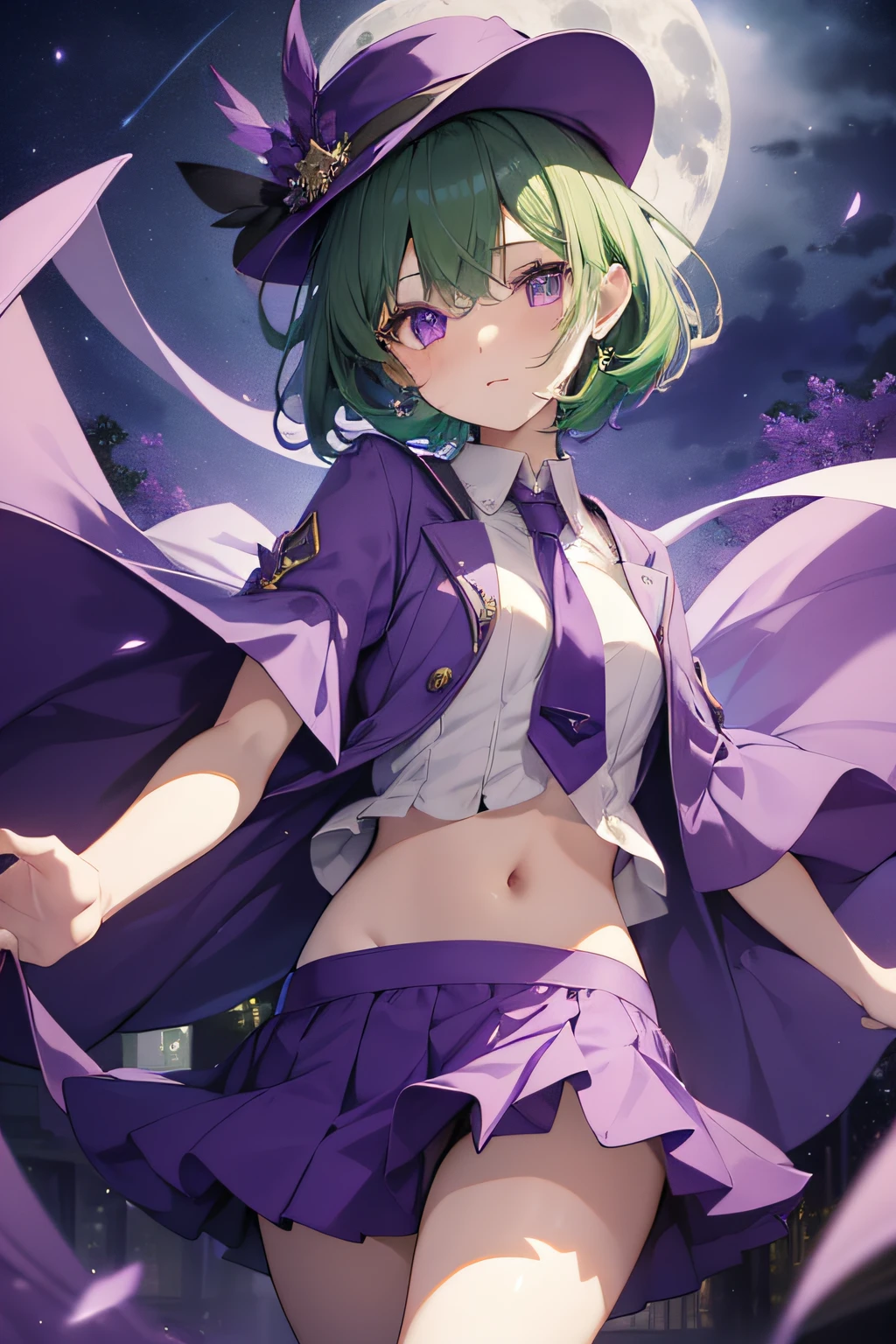 top-quality、extremely delicate and beautiful、(A girl)、Purple Eye、Green hair、short-haired、(Purple pointy hat)、Purple tie、Soio、shortsleeves、Purple skirt、Purple Wizard Robe、Navel、is standing、Full moon night on background