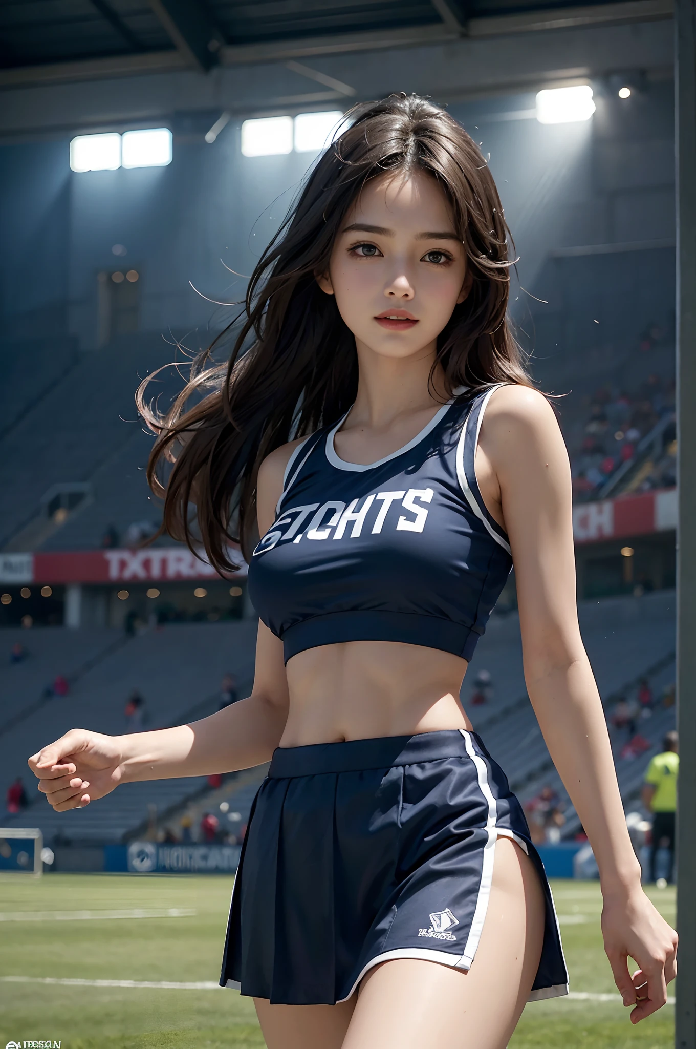 (A hyper-realistic), (illustratio), (hight resolution), (8K), (ighly detailed), (The best illustrations), (beatiful detailed eyes), (top-quality), (ultra-detailliert), (masterpiece), (detailed face), droopy eyes,full of sweat, full body, long legs, long-hair,inner colored,solo, blue cheerleader uniform, huge tits, smile, football field, short skirt, sports bra