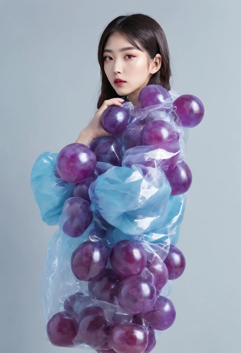 editorial fashion, japanese woman, weird fashion, vibrant, plastic bag, bubble, big jacket, striking pose, harsh lighting, perfect composition, symmetry, detailed, grapes