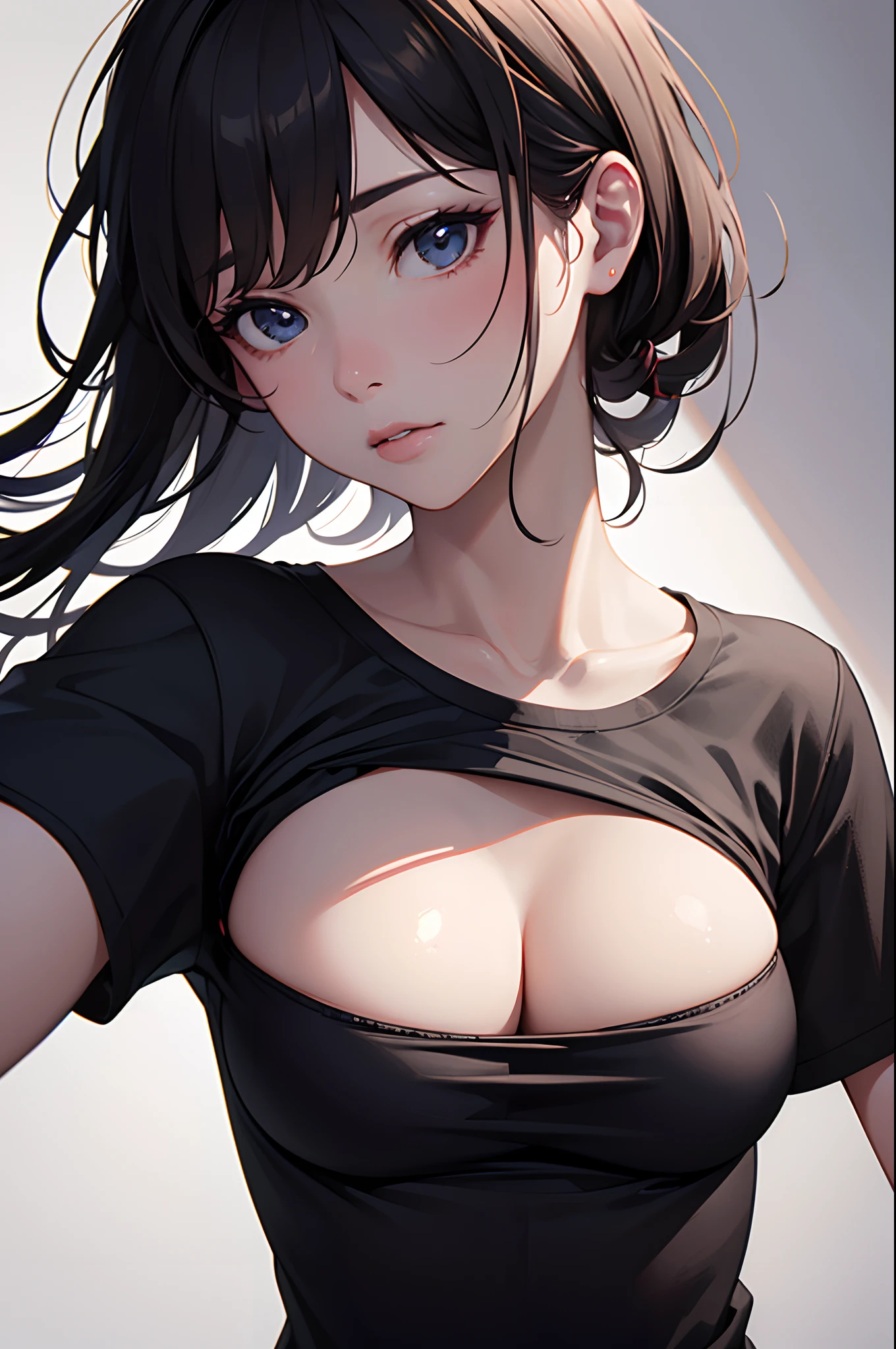 (((Masterpiece))), (portrait), Ayaka, diffused light, dynamic shadows, sharp focus, realistic, detailed, highres, absurdres, white background, (boobsqueeze), looking to the side, v arms, t-shirt, no bra, photorealistic, lifelike