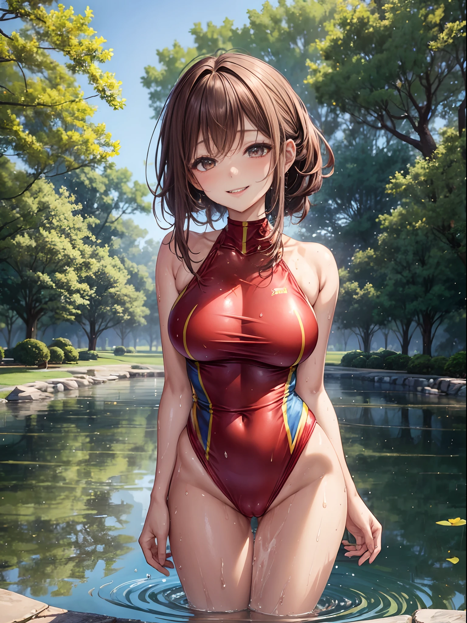 top-quality、Full limbs、complete fingers、Slender beauty、poneyTail、Longhaire、Brown hair、Raw feet、Red competitive swimsuit、Beautiful Large Breasts、Being in the park、There is a pond、is standing、sexypose、A big smile、Sweating、Wet texture
