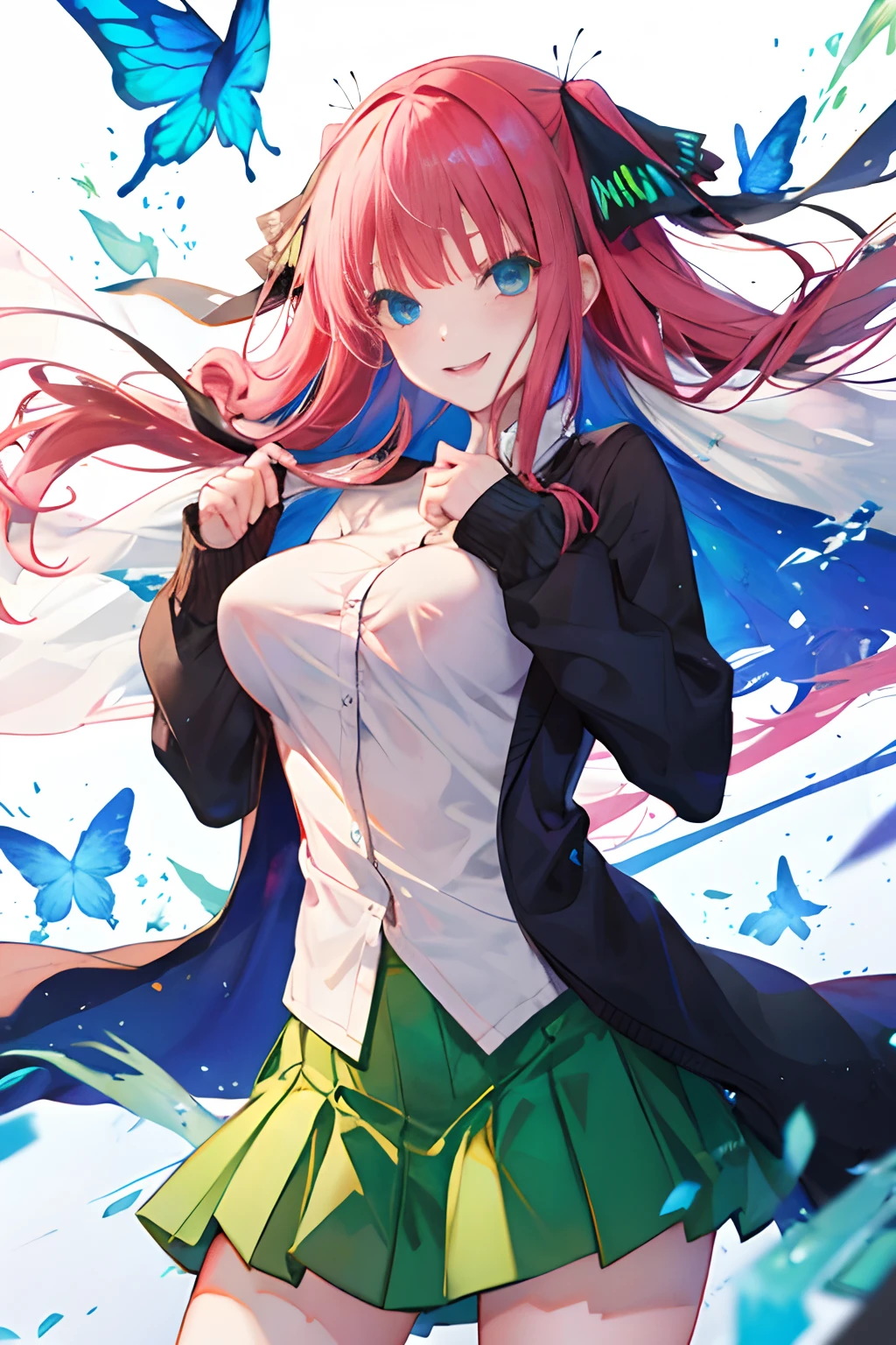 NSFW,The Bride of Fifths,Jino Nakano,a cool,Breast,Twin-tailed,Black long cardigan,open cardigan,whiteshirt,Light green skirt,floating,white thighhig, Open jacket, short pink red hair,Long black-green butterfly hair ornament with twin tails.,Tsundere,Blue eyes,Evil smile,Top image quality,Best Quality