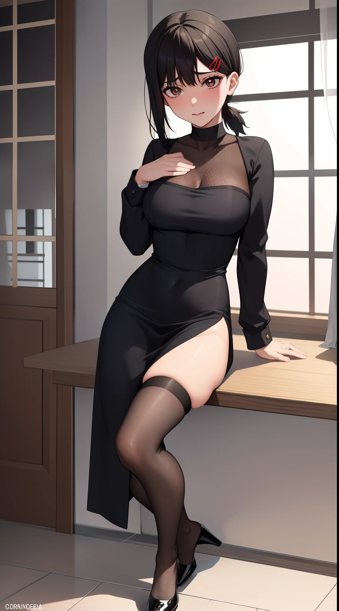 Kobenihigashiyama, kobeni higashiyama, cabello negro, adorno para el cabello, clip para el cabello, topo, lunar debajo del ojo, Cola de caballo, pelo corto, brown eyes, tight dress, sexy stockings,
DESCANSO en interiores, La mejor calidad, High resolution, Unidad 8K Fondo de pantalla,