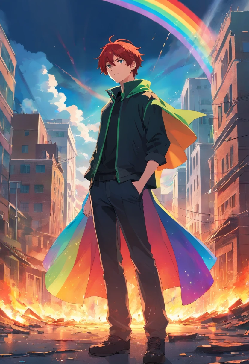 A teenage man with blood-red hair and green eyes in black clothes and a rainbow-colored cape atop a burning building