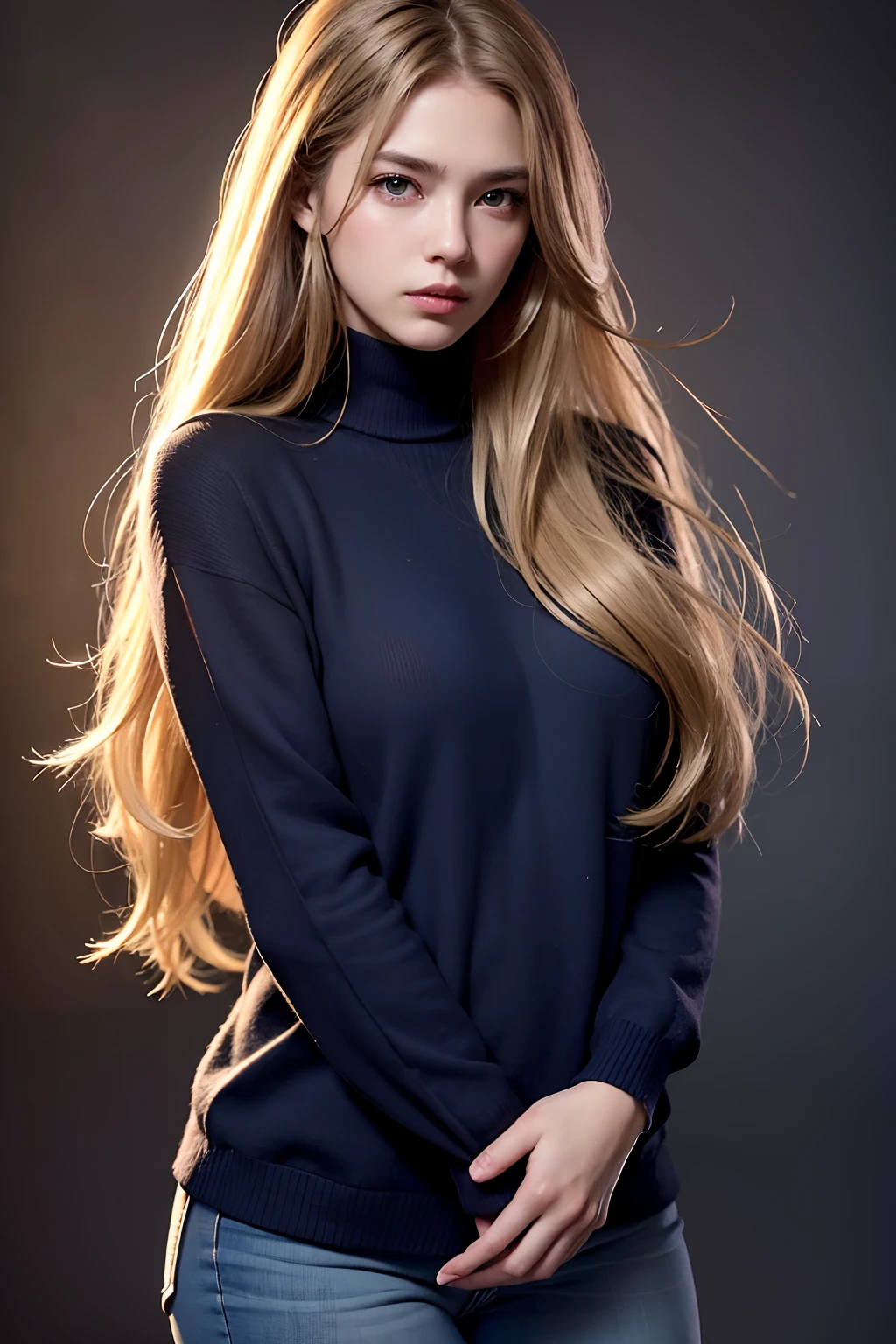 Best quality, masterpiece, ultra high res, (photorealistic:1.4), raw photo, 1girl, long hair, gold hair, detailed eyes and face, blue sweater, dynamic lighting, in the dark, deep shadow, low key, cowboy shot