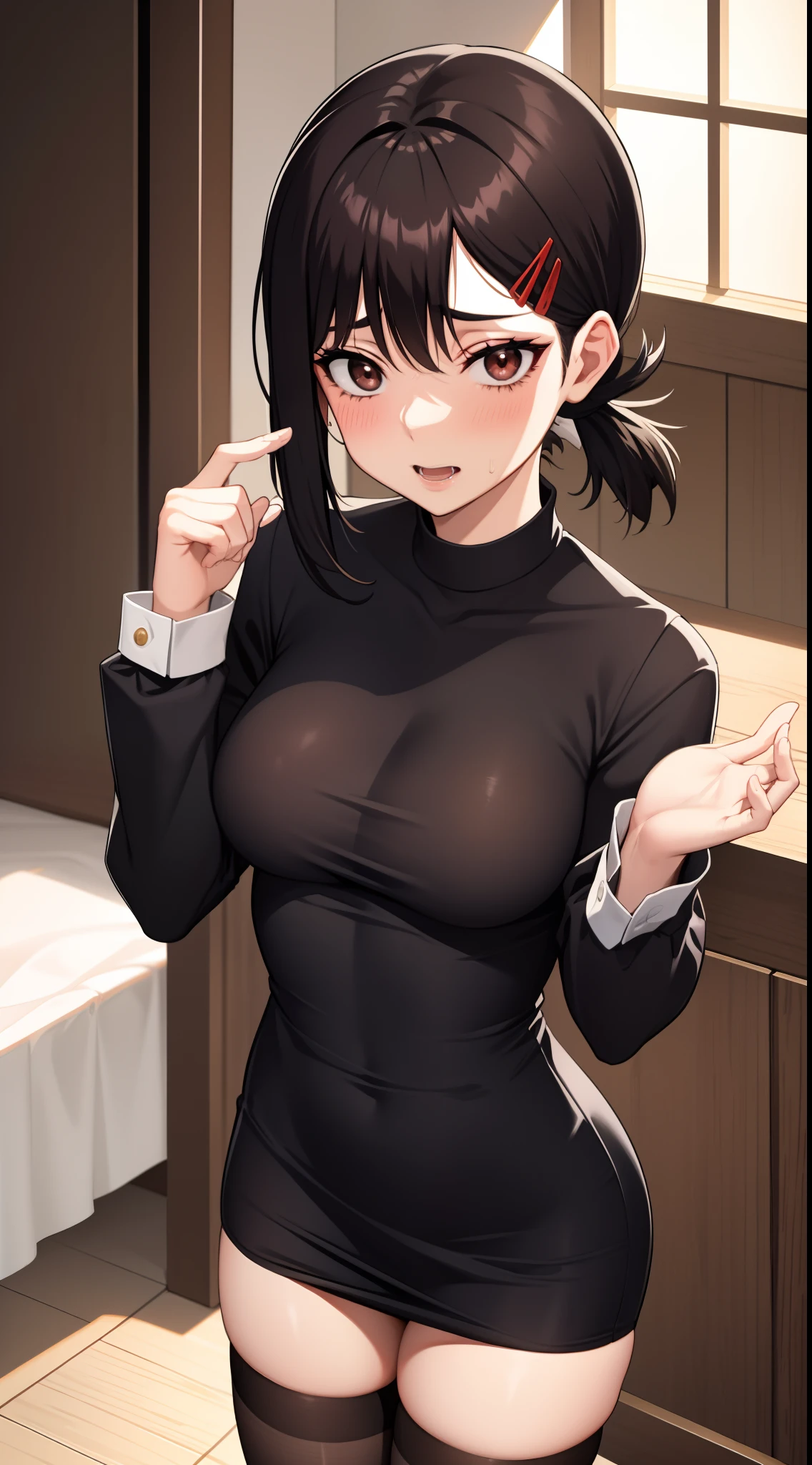 Kobenihigashiyama, kobeni higashiyama, cabello negro, adorno para el cabello, clip para el cabello, topo, lunar debajo del ojo, Cola de caballo, pelo corto, brown eyes, tight dress, sexy stockings,
DESCANSO en interiores, La mejor calidad, High resolution, Unidad 8K Fondo de pantalla,