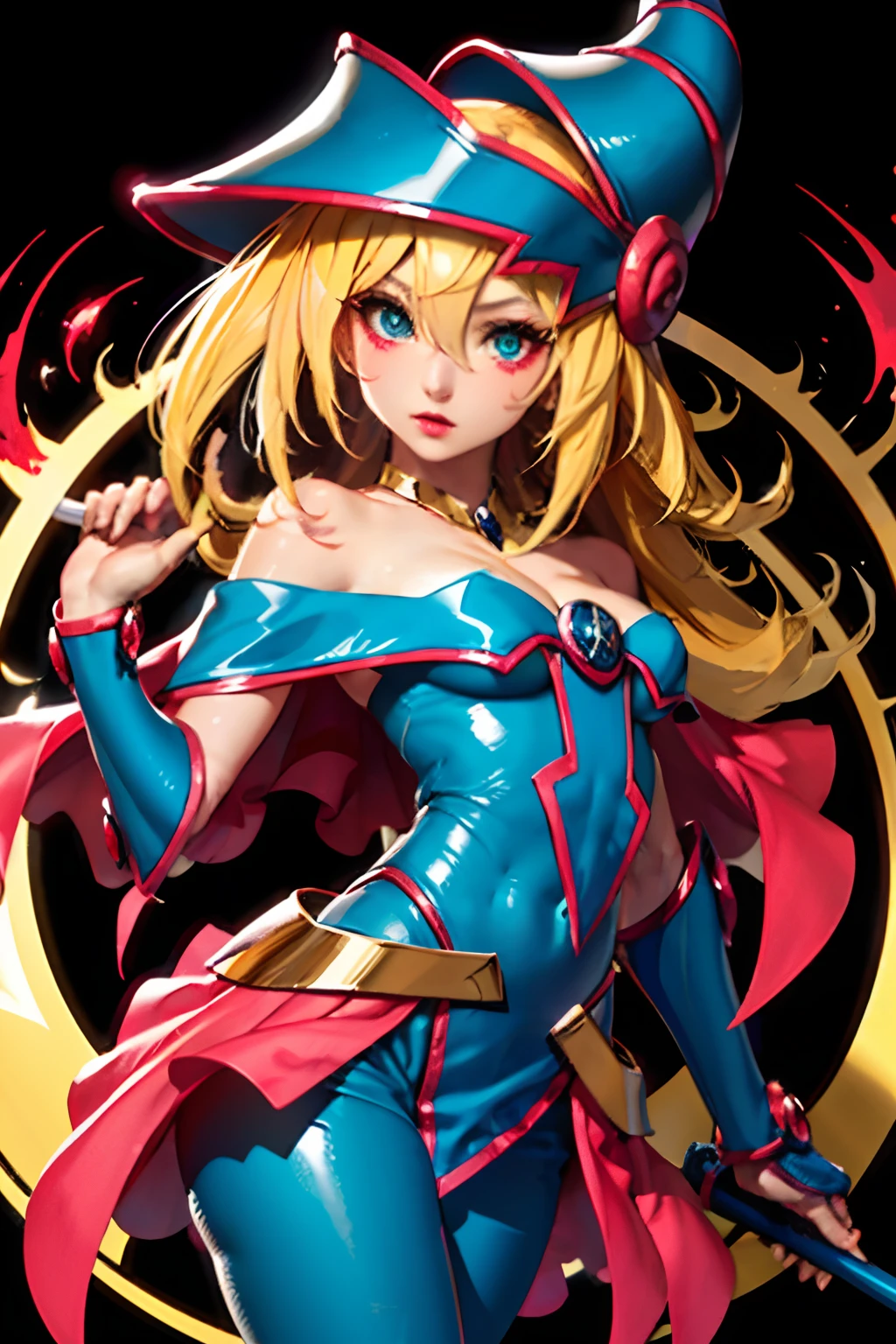 Hermosa dark magician girl (Obra maestra: 1.2, La mejor calidad), (1 ****, solamente), grandes senos, (Dynamic posture), (piel brillante, crimson red skin), crimson red skin, Dark Magician Girl Demon Version Sezy, piel roja, Guantes finos y de encaje, ( small demonic horns:1.1), (Lilith \(Darkstalkers\)), (Cielo), fleco, (jewely, Adorno dorado:1.15 ), pelvis grande, azul (pantys:1.1) Dark Magician Girl Sexy Demon Version