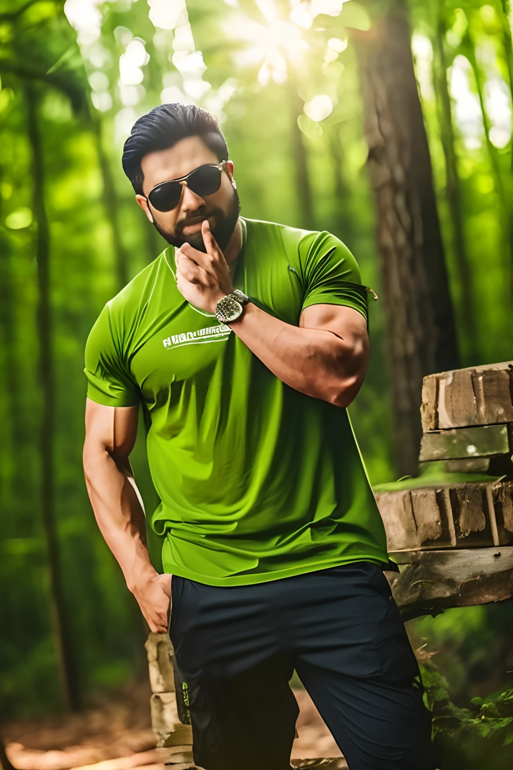 Change background in forest and change tshirt to west and make body more muscler