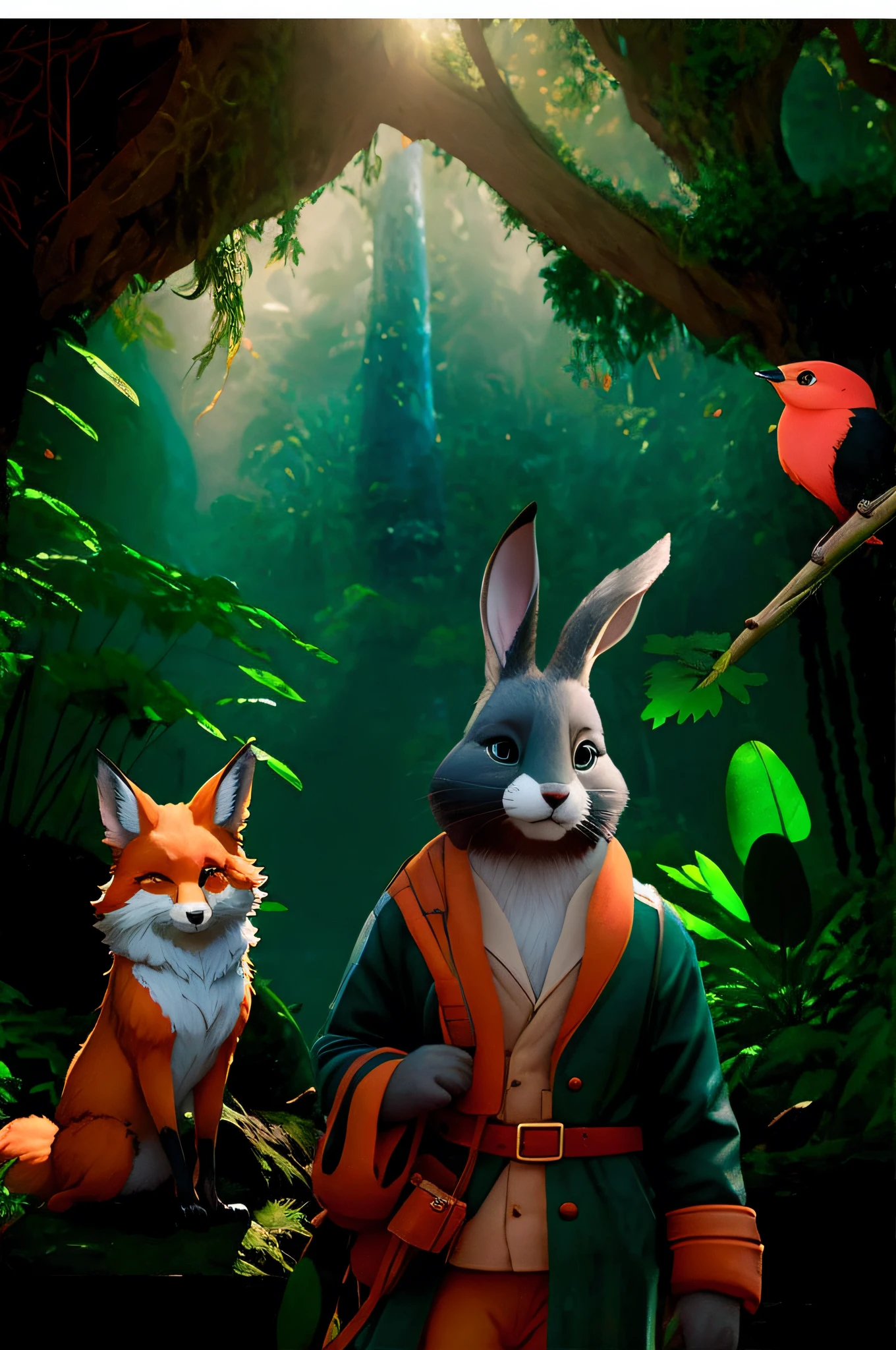 There are two animals that are standing in the forest, Uma floresta com coelhos, estilo de filme zootopia, Rabbt_character, Estilo Zootopia, anime exuberante john 8k madeiras, estilo zootopia, no estilo da disney zootopia, zootopia 2, em estilo de zootopia, Arte 4K, arte chave, animated film, zootopia