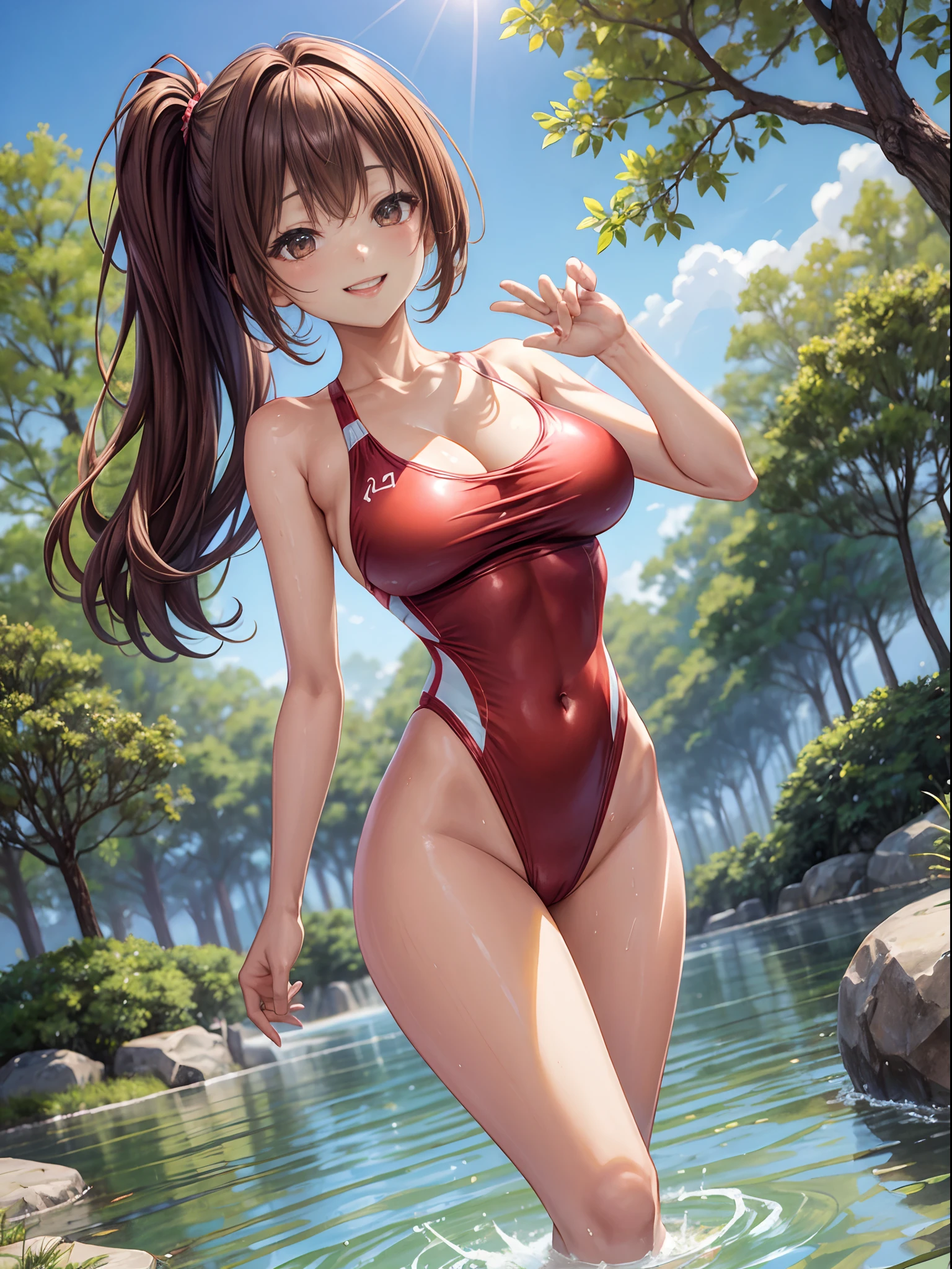 top-quality、Full limbs、complete fingers、Slender beauty、poneyTail、Longhaire、Brown hair、Raw feet、Red competition swimsuit、Beautiful Large Breasts、Being in the park、There is a pond、is standing、sexypose、A big smile