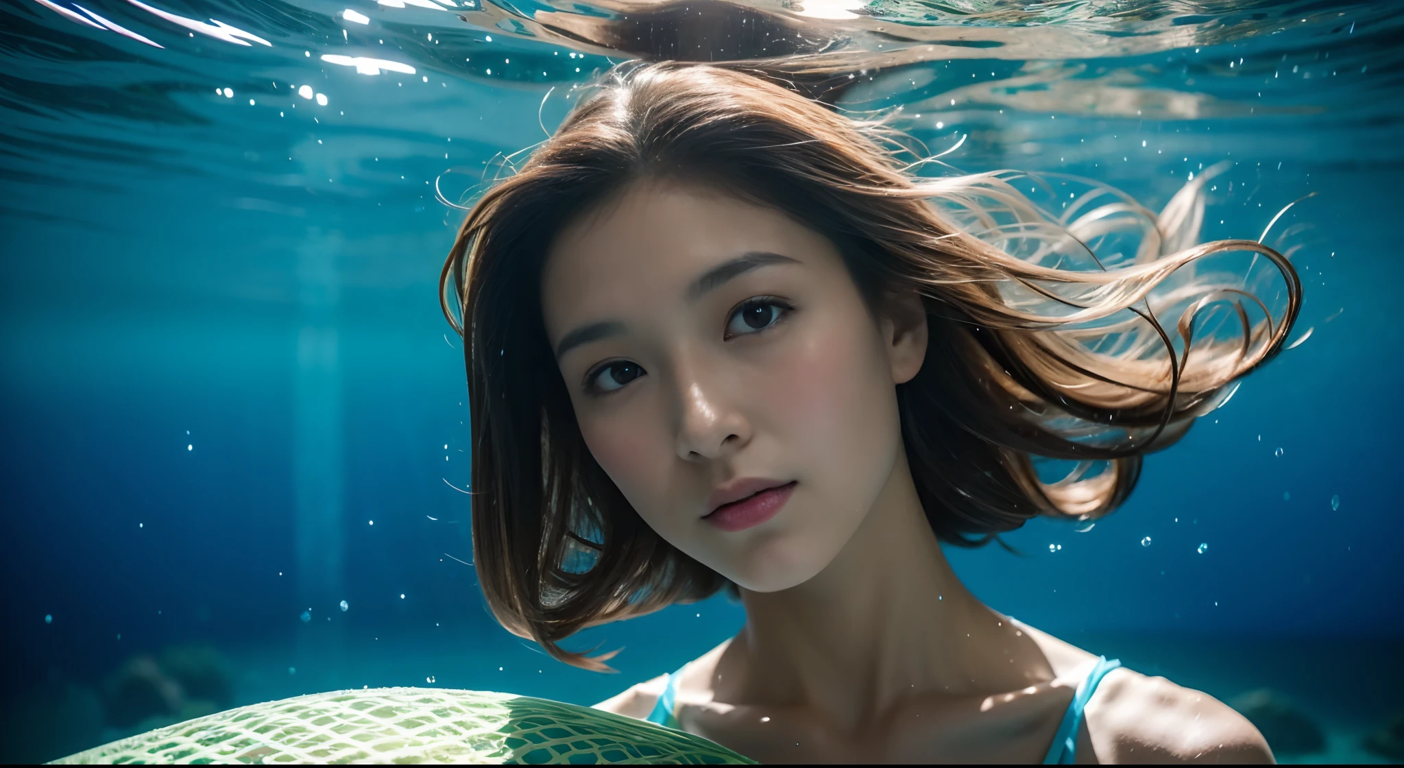 （8K分辨率，（Portrait of a person taken in the ocean），barebacked，Contains underwater sub-shots，Women's diving swimming），（Multiple women，age 22，Mature sexy woman，（（s delicate face，详细的脸，cute  face，Small bubbles on the face），（Flowing hair in the water，Hair that flutters with the waves，Detailed shadow of underwater hair）），Fair smooth skin，Skin with small bubbles，（Best Skin Type：1.21），Flesh-colored breast patches，perfect body figure，Perfect back，Delicate skin texture，（（Smooth back，Openwork lace lingerie，Tong，（black in color，red colour），（Soak in seawater，Multiple people frolic）），delicate leg，perfect hand），（Luxury beachfront gatherings，Scene of multiple people frolicking in the water，Clear water，spray，Floating bubbles，Exquisite environmental details），（Professional lighting，Blurring of deep water scenes，Artistic lighting，Refraction of light in water）），（Golden ratio line，Underwater art shots，Hasselblad photograp，tmasterpiece：1.3），（advanced art，wallpaper hd，Official propaganda，Art platform）