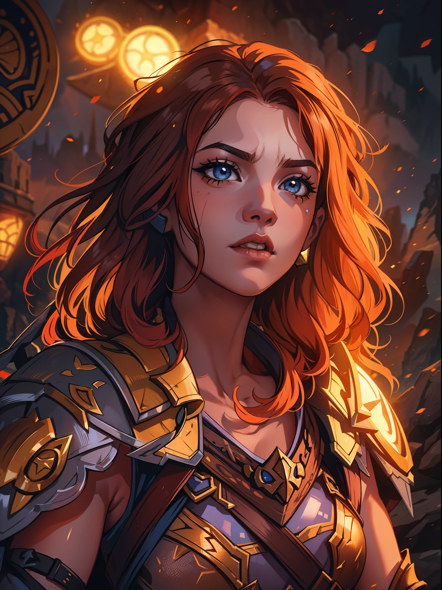 Uma jovem adolescente ruiva com cabelo laranja curto e olhos castanhos, Ela tem umas sardas e um olhar de coragem: she is a warrior wearing powerful magical armor for a medieval RPG., the background filled with magic and magical lights, contour lights and cinematic lights in a mountain fortress, inspirada na leona de league of legends, uma armadura poderosa e resistente a base de magia e um escudo gigante