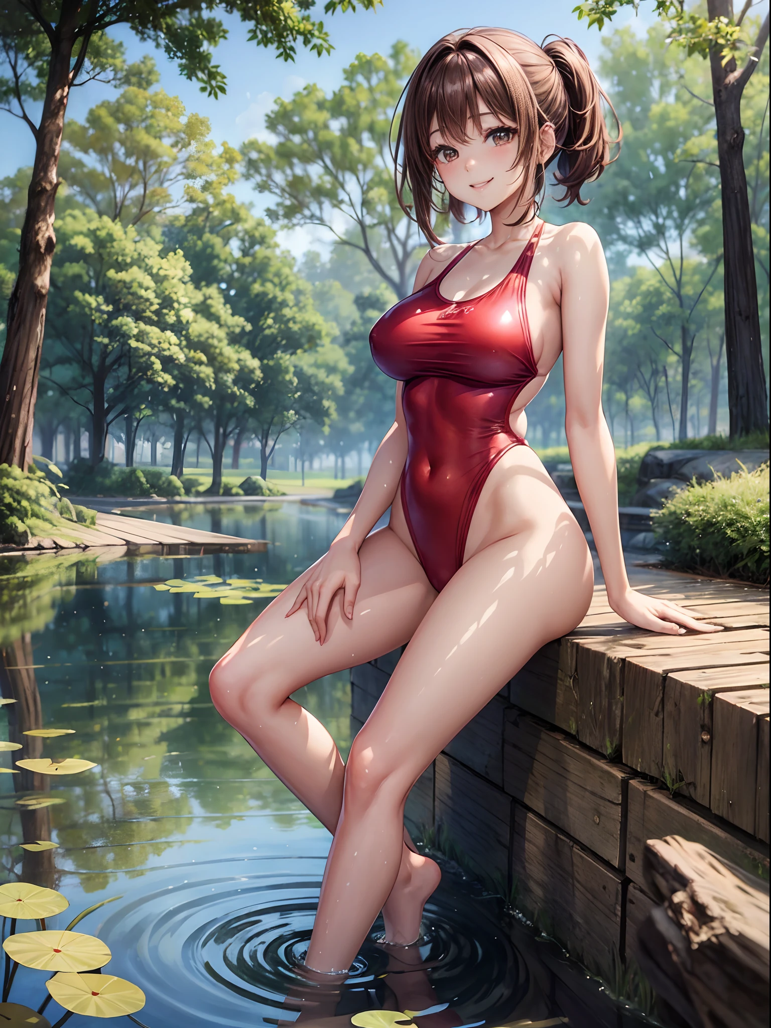 top-quality、Full limbs、complete fingers、Slender beauty、poneyTail、Longhaire、Brown hair、Raw feet、Red competition swimsuit、Beautiful Large Breasts、Being in the park、There is a pond、is standing、sexypose、a smile