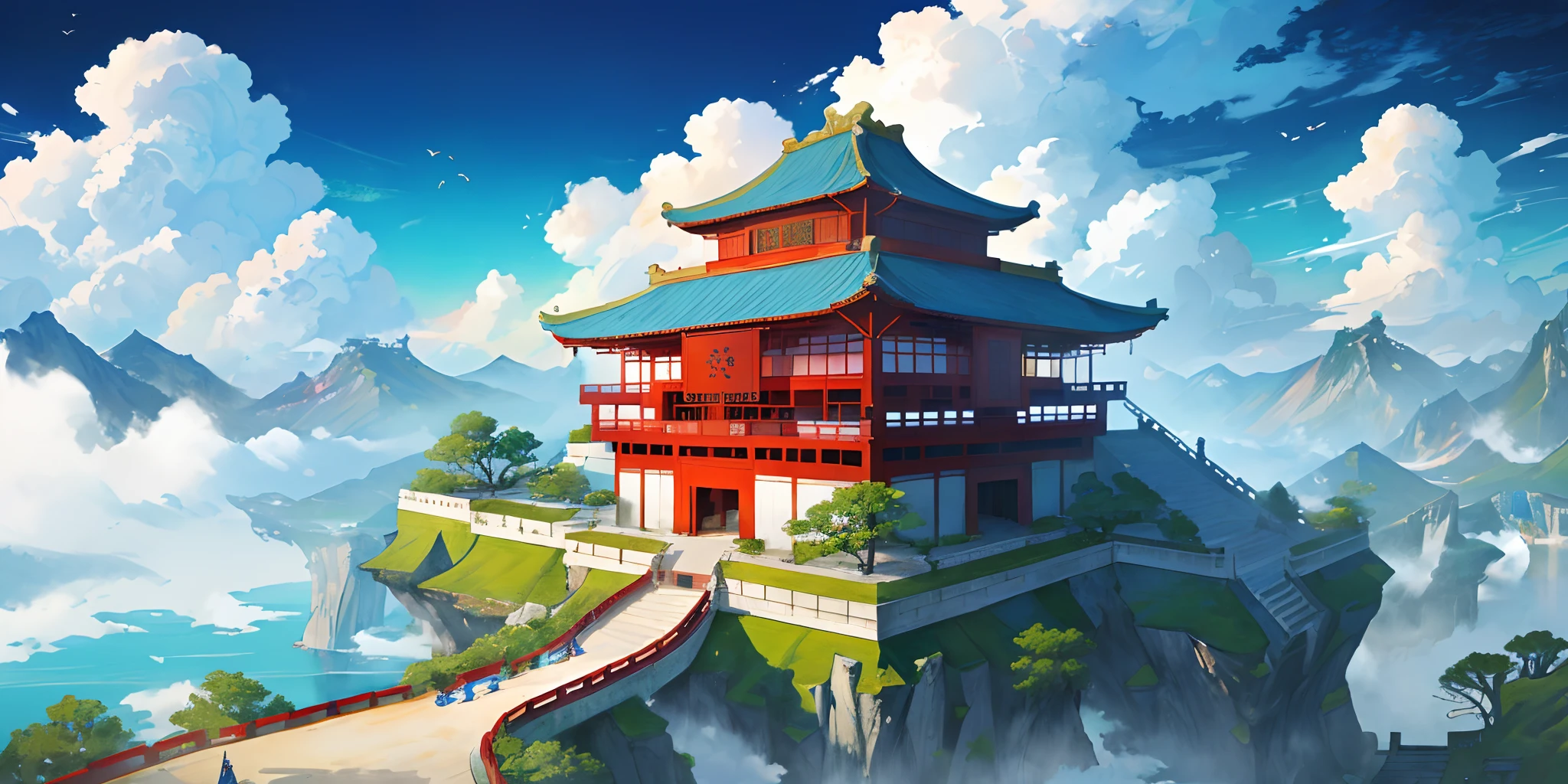 The game scene, the ancient Chinese palace is located above the clouds, surrounded by clouds and mist, majestic, glazed tiles, Buddha sitting on the horizon, colorful, ((color ink)),((splash ink)) ,((splash ink) ink} ) ) , masterpiece, High quality, nice graphics, high detail, Lake full of sea creatures,
