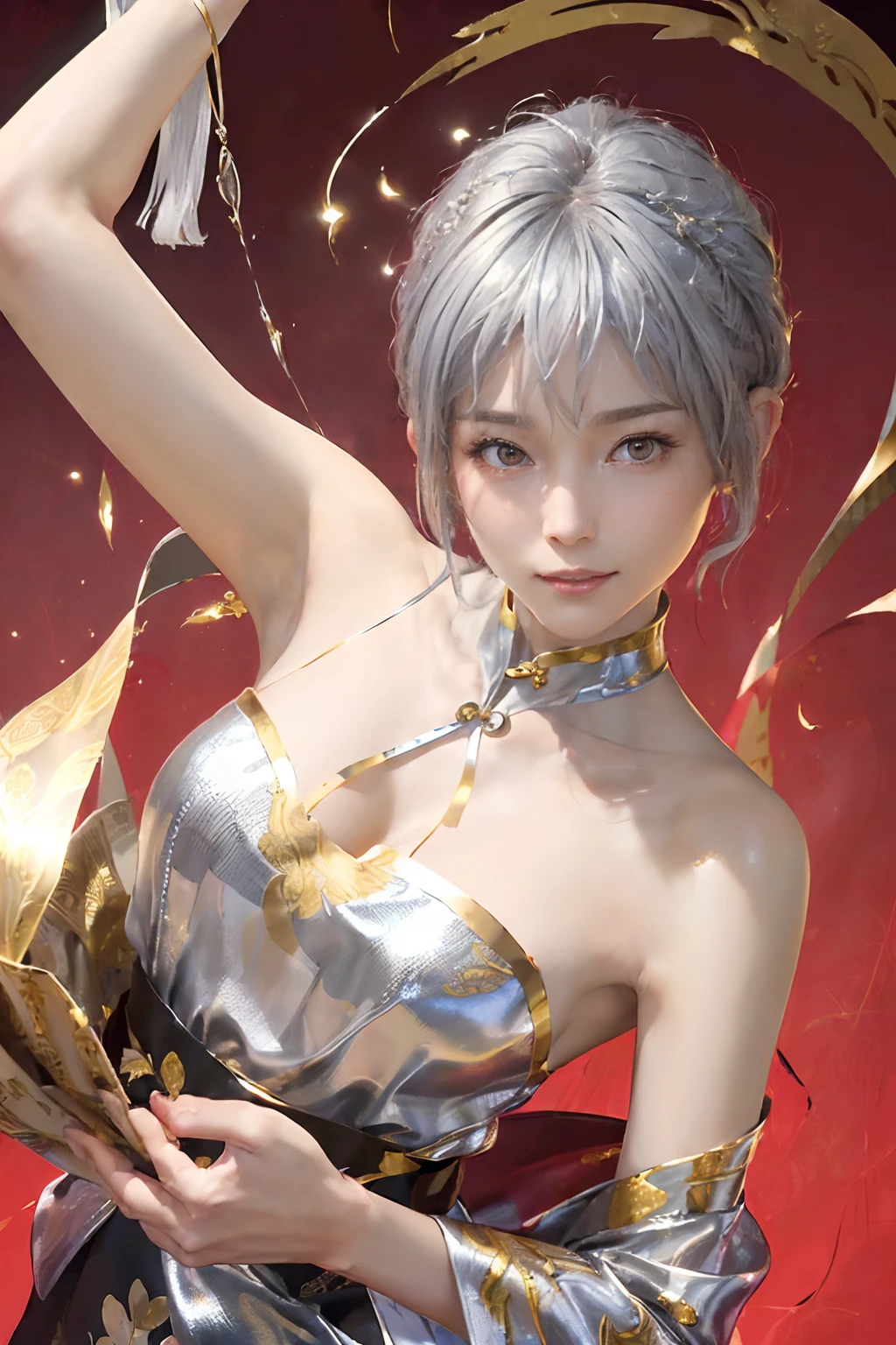 ((top-quality、8K、masterpiece:1.3)), (Cute pattern of gold leaf, Delicate workmanship, Glossy cloth on a red background, Cheongsam trimmed in black:1.5), Clear, Fine-grained skin、Beautiful clear eyes、cleavage of the breast、Carefree and natural smile、(a pixie cut,Silver hair:1.5)、(Hair disheveled in the wind:1.3)、、Beautiful girl with a smile、(thin-waist:1.3)、(Dynamic and provocative poses:1.2)、