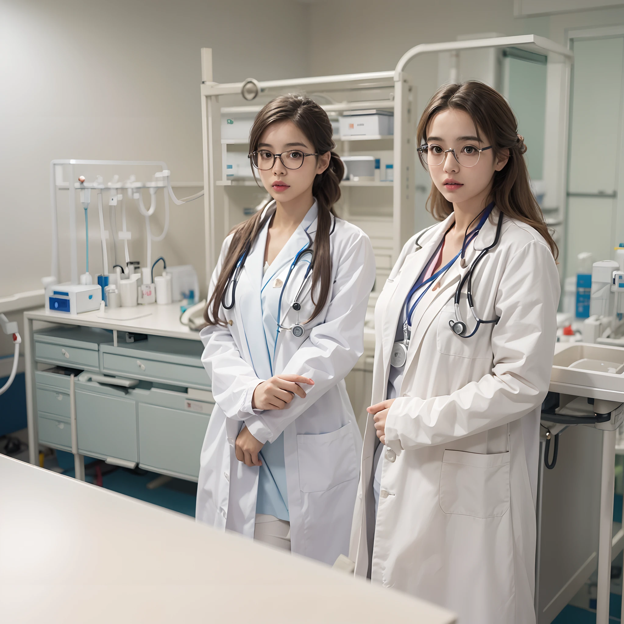 One girl, A girl dress as a doctor on the hospital room, hospital doctor, emergency room, wearing long white coat, doctor coat, big boobs, gigantic boobs, busty, cleavage exposed, very sexy outfit, stethoscope on her neck, high resolution, high quality picture, proportional body, accurate body proportion, no extra limb, accurate fingers, arafed female doctor, medical doctor, doctor, wearing lab coat and a blouse, (doctor), wearing a white lab coat, healthcare worker, wearing lab coat, wearing a labcoat, wearing a white hospital gown, wearing a lab coat, with a stethoscope, local conspirologist, with a lab coat, white coat, doctor at hospital