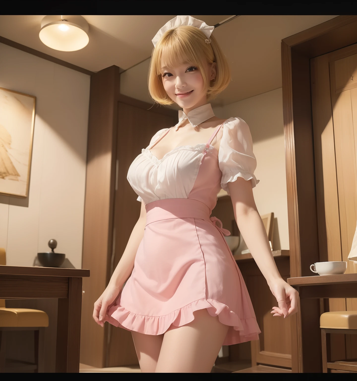 ((top-quality、in 8K、masterpiece:1.3))、1Man Woman、bob cuts、Yellow hair、Pink maid clothes(a miniskirt)、逼真、realisitic、A slightly more detailed face、large full breasts、A tall、Inside the café、Cute smile、knee sox
