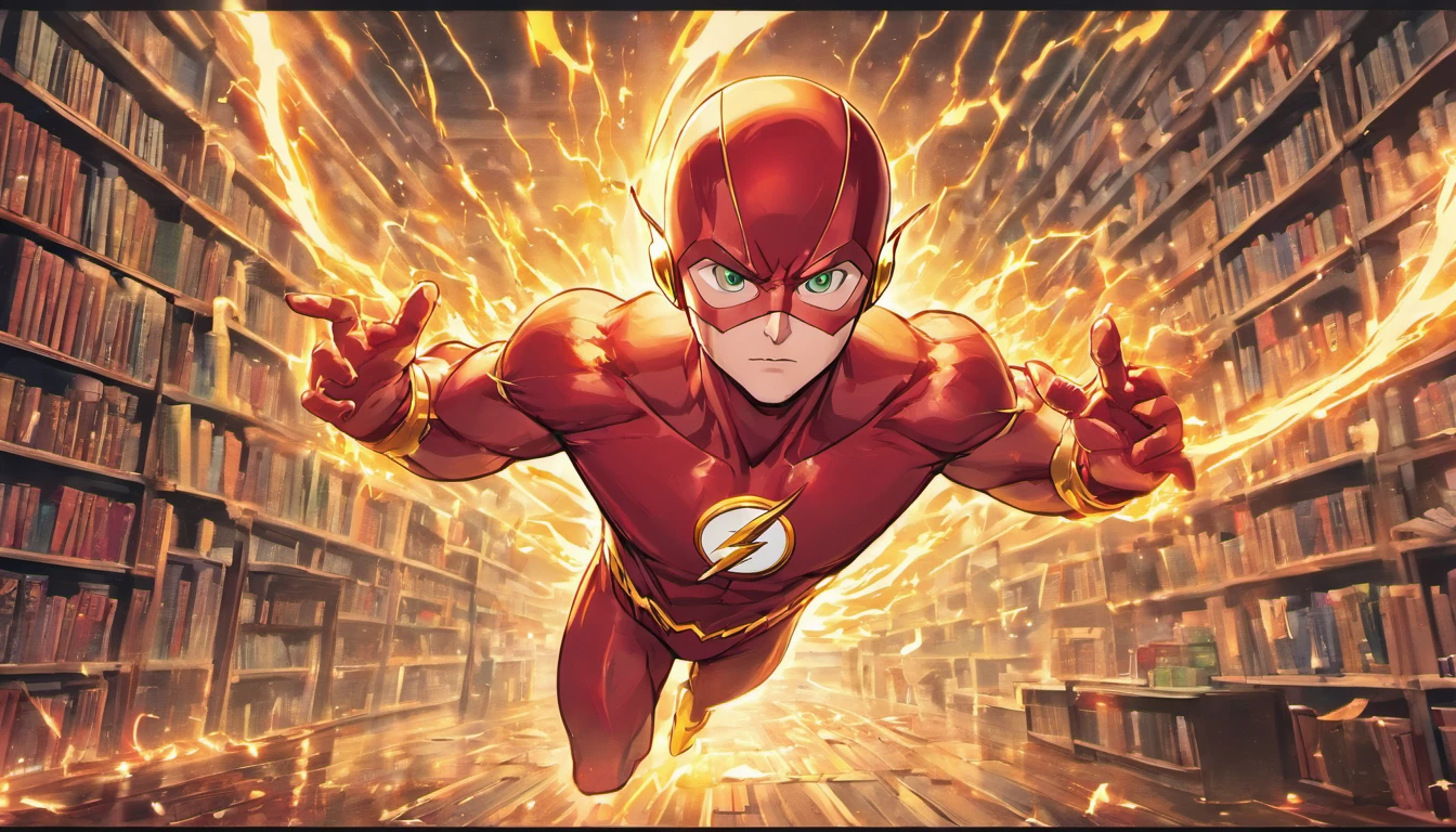 In your prompt, you want to depict "The Flash in Action, MCU, READING VARIOUS BOOKS, ultra-detailed, 8k, Jim Lee Artistic Style, DC Comics". Here's the corresponding Stable Diffusion prompt:
"The Flash running at lightning speed, surrounded by flying books in a library. (best quality,8k,ultra-detailed), Jim Lee's iconic comic book art style brings out every intricate detail of The Flash's costume and lightning effects. The vibrant colors from DC Comics' universe make the scene come to life, with vivid red and yellow hues. Balanced studio lighting illuminates the scene, emphasizing the dynamic motion of The Flash. The realistic depiction of books floating and pages flipping adds to the surreal atmosphere. The Flash's intense concentration while reading different books adds depth to his character. The background captures the essence of a library, with bookshelves filled with classics, fantasy novels, and scientific journals. This artwork perfectly captures the energy and intelligence of The Flash in the MCU (Marvel Cinematic Universe), showcasing his power and passion for knowledge."