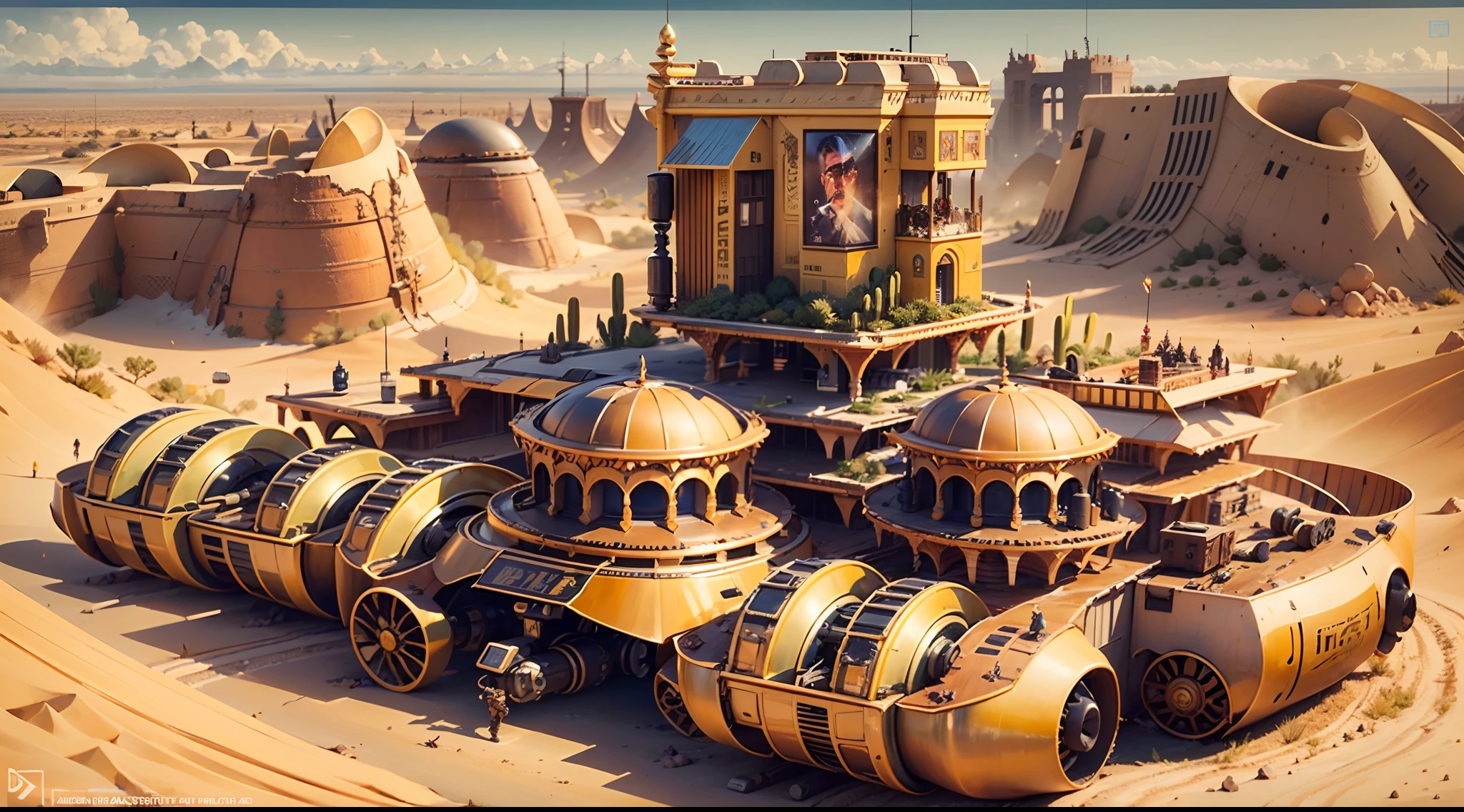 Huge golden tank tracks,Gold tires,Carrying a huge golden fortress,Drive in the desert,The fortress is equipped with powerful artillery,Missile launchers,Golden drones fly around it on alert,High-tech and luxury come together,Artistic and mechanical beauty come together,Use Pixai to bring powerful AI models to life, Show the limitless creativity and possibilities of our imagination. Experience the future of the cityscape at Pixai,Immerse yourself in a visionary world of art