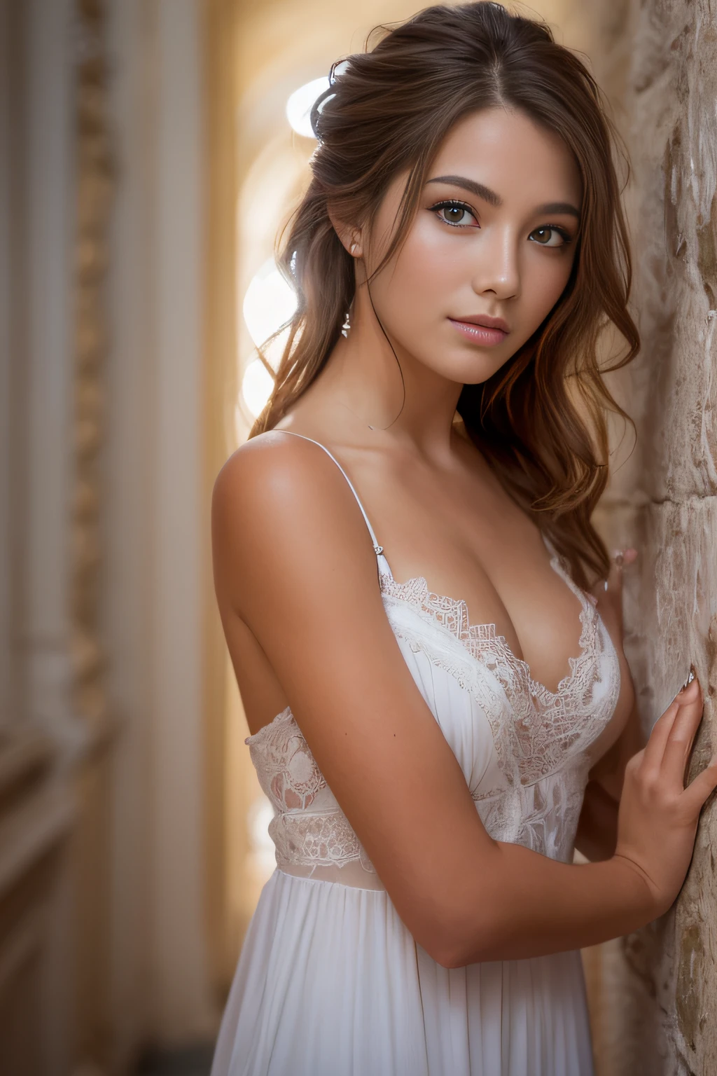 American 23 year old woman, european woman, french woman, smooth skin, shoulder length brown hair, bright azure eyes, thin eyebrows, fair skin, blushing cheeks, perfect body, big breasts, white dress, castle hallway, eye contact, seductive smile, high detail, feminine facial features, slim, slender, high resolution, real girl, realism, realistic, soft lighting