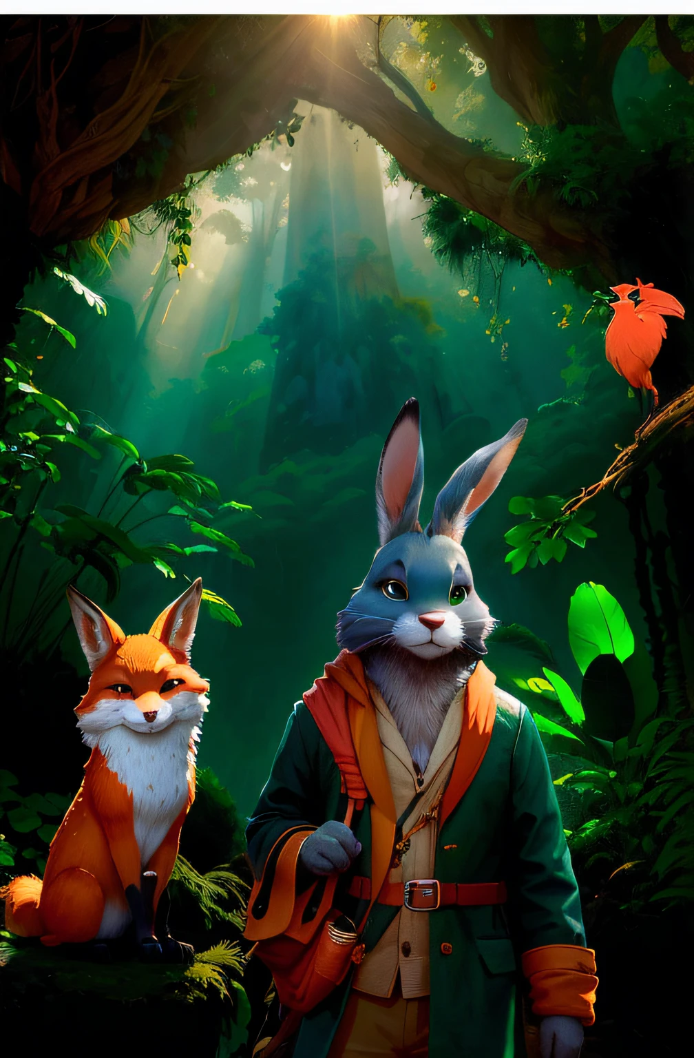 There's an anthropologist fox, a rabbit and a bird in a forest, People dressed as animals and a bird in the forest, arte chave, estilo de filme zootopia, aventura render hiper realista, Estilo Zootopia, Roger Dean e Alexander Jansson, no estilo da disney zootopia, retrato premiado da criatura, em estilo de zootopia, Rabbt_character, Estilo Zootopia, Cheio de vida selvagem, foto retrato, animais de contos de fadas, same stroke