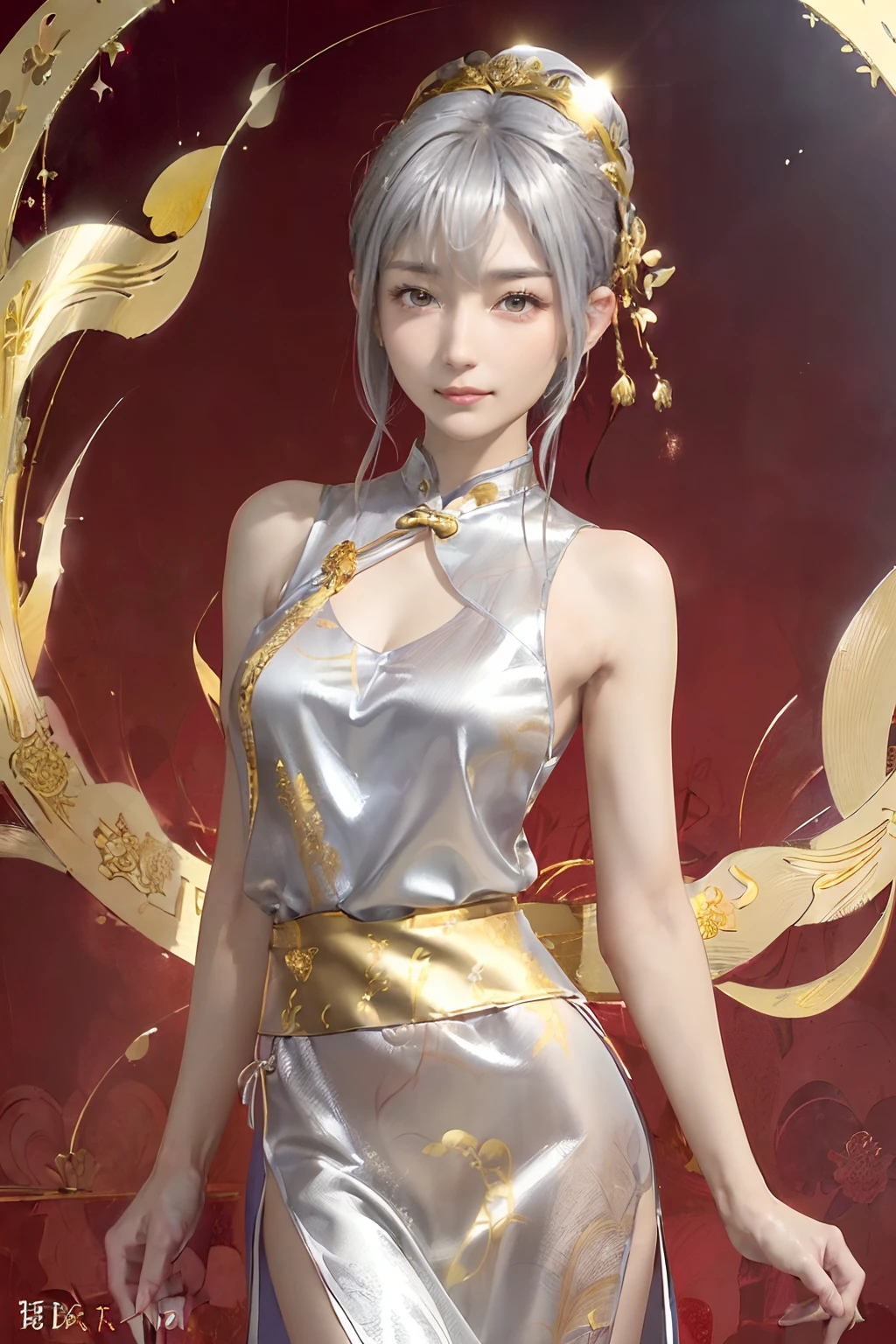 ((top-quality、8K、masterpiece:1.3)), (Cute pattern of gold leaf, Delicate workmanship, Glossy cloth on a red background, Cheongsam trimmed in black:1.5), Clear, Fine-grained skin、Beautiful clear eyes、cleavage of the breast、Carefree and natural smile、(a pixie cut,Silver hair:1.5)、(Hair disheveled in the wind:1.3)、、Beautiful girl with a smile、(thin-waist:1.3)、(Dynamic and provocative poses:1.2)、