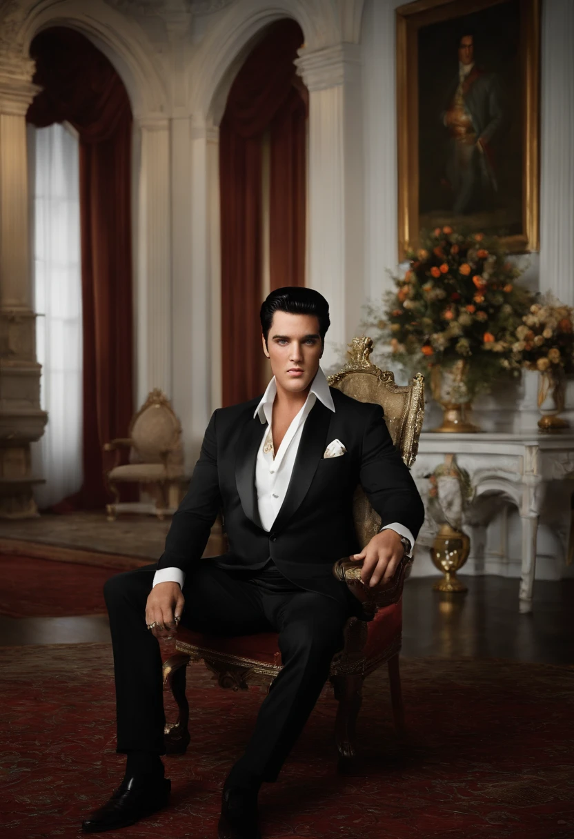 Elvis Presley in a black jacket sitting on a throne as king with his head held high looking forward, Garoto mau, Elvis Presley Estiloso, detalhes de roupas, Textura 8K, 8k, detalhes insanos, detalhes complexos, hiperdetalhados altamente detalhados, Realista, soft Cinematic Light, HDR, foco nítido, ((((cinematic visual)))), intrincado, elegante, altamente detalhado