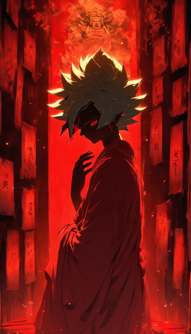 Blood red room, Flashing white TV screen, BUDDHA STATUE, cabelos preto e longos, with hair dishevelled, Cover one eye and face, Bright red eyes, Wearing a white transparent robe, Looming full breasts,liquor,Devil, reaching out her hands,Straighten your body, Red nails are exposed, Pinch the camera, hyper HD, Anatomically correct, Textured skin, Super detail, High details, High quality, A high resolution, 8K, hyper HD, Anatomically correct, Textured skin, Super detail, High details, High quality, Best quality, 8K,Leishnampo,Room 2,Horror
