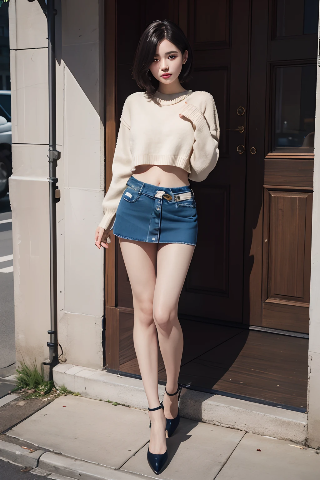 (masuter piece:1.3)、(8K、Photorealsitic、Raw photography、top-quality: 1.4)、(1girl in)、beautiful countenance、(Lifelike face)、(A dark-haired、short-hair:1.3)、Beautiful hairstyle、realisticeyes、Beautiful details、(real looking skin)、Beautiful skins、absurderes、enticing、超A high resolution、A hyper-realistic、high-detail、the golden ratio、((wide open abdomen))、((open abdomen))、((Mid-Riff Sweater))、((Ultra-low rise、Denim Mini Skirt))、((Waist near hip line、Denim Mini Skirt))、((Lowered waistline、Denim Mini Skirt))、((Navel Ejection))、Full body depiction、(Ultra-low rise))、((Denim Mini Skirt))、is standing、