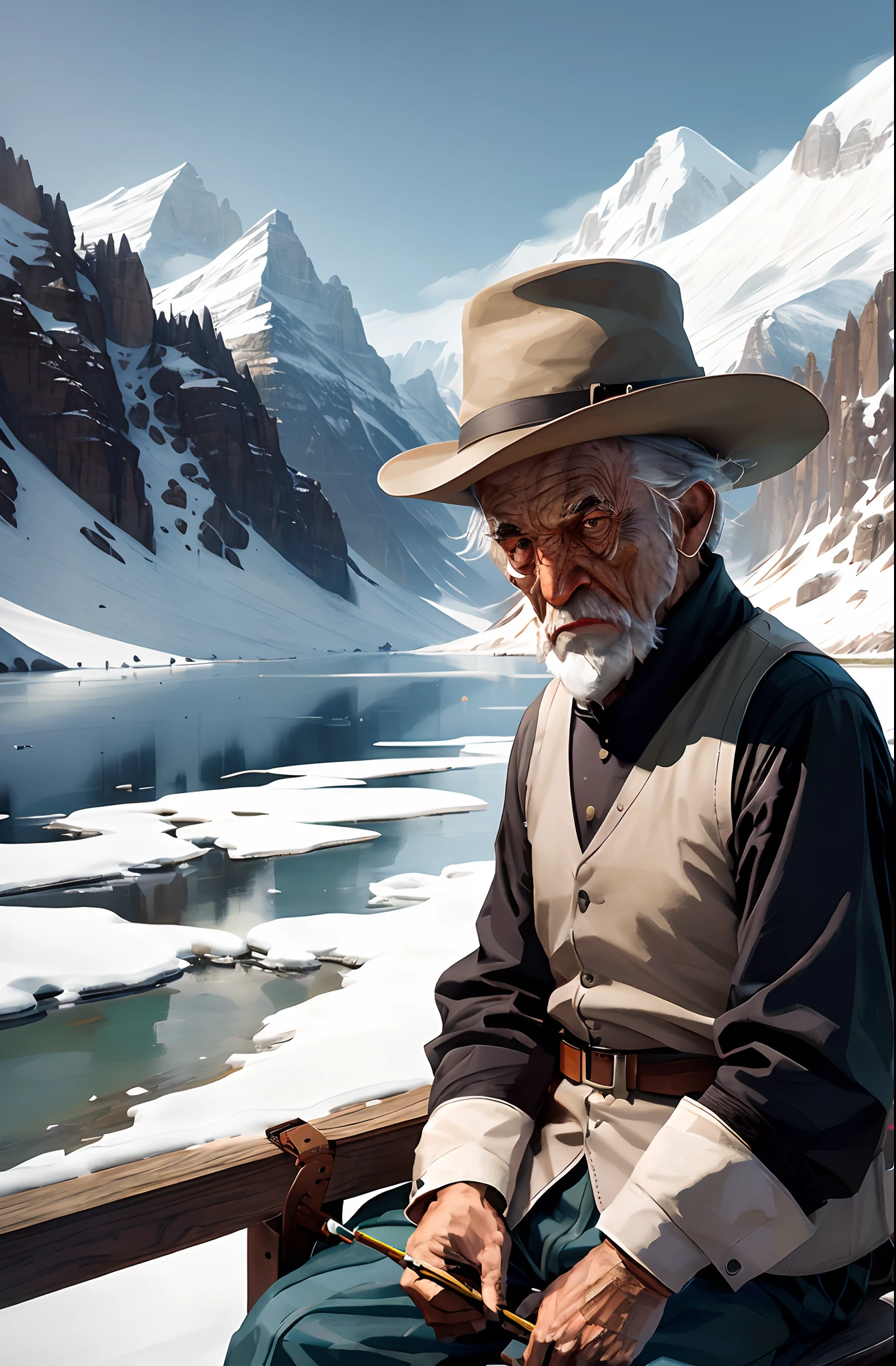 The Arafed man in his hat sits on a bench by the lake, old cowboy in the arctic, 3d render senior artist, matte painting portrait shot, Beeple e Jean Giraud, stunning digital painting, Old CGI 3D rendering Bryce 3D, very detailed digital painting, portrait of a rugged ranger, highly detailed digital painting, inspired by Brothers Hildebrandt