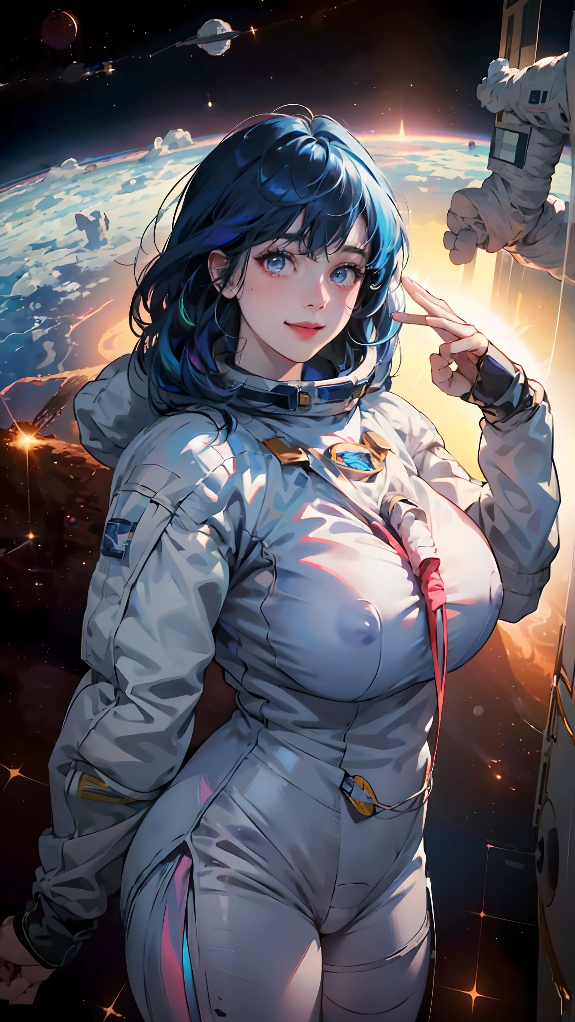 (Innovative spacesuit design)、Create ultra-detailed and futuristic images of beauty astronauts,(Ultra-futuristic design spacesuit) 、(((((Colossal ????)))))、26 year old、(((A slender)))、Earth Eye、((((((Photorealsitic)))))、high-level image quality、Raw photo、8K、((((Iridescent inner hair)))、((((((Work in space))))))、A futuristic space city is in the background、red blush、Shy、Cheerful face