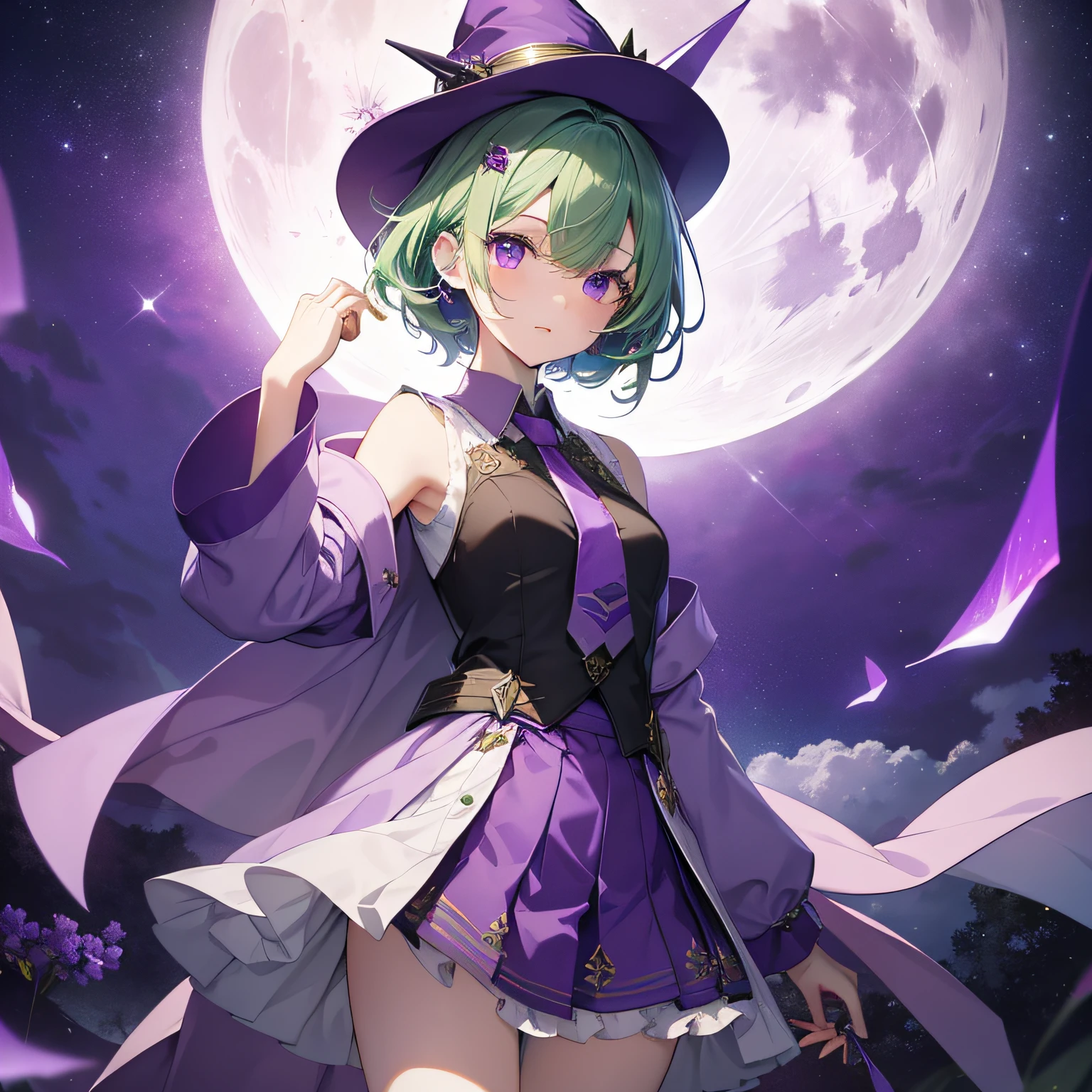 top-quality、extremely delicate and beautiful、(A girl)、Purple Eye、Green hair、short-haired、(Purple pointy hat)、Purple tie、Soio、shortsleeves、Purple skirt、Purple Wizard Robe、Navel、is standing、Full moon night on background