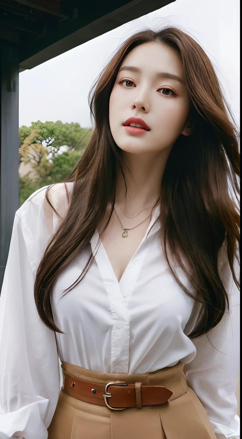 (Best quality, High resolution, Masterpiece :1.3), A tall and pretty woman, Slender abs, Dark brown hair styled in loose waves, Breasts, Wearing pendant, White button up shirt, Belt, Black skirt, (Modern architecture in background), Details exquisitely rendered in the face and skin texture, Detailed eyes, Double eyelid