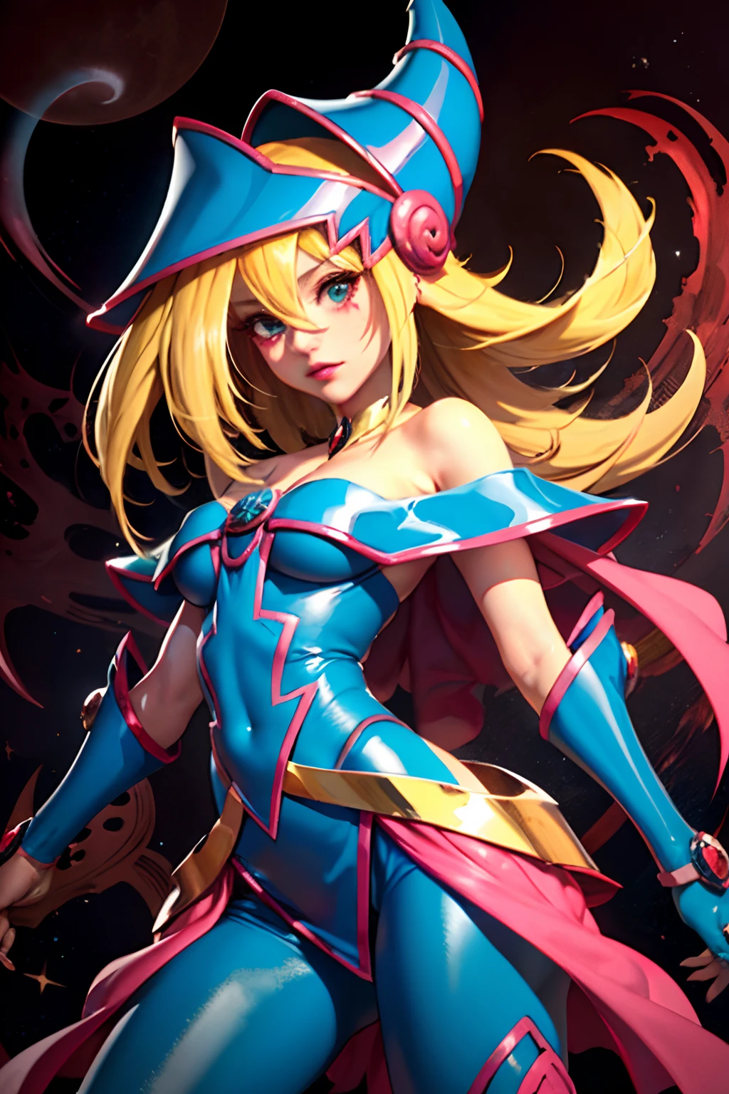 Hermosa dark magician girl (Obra maestra: 1.2, La mejor calidad), (1 Loli, solamente), grandes senos, (Dynamic posture), (piel brillante, crimson red skin), crimson red skin, Dark Magician Girl Demon Version Sezy, piel roja, Guantes finos y de encaje, ( small demonic horns:1.1), (Lilith \(Darkstalkers\)), (Cielo), fleco, (jewely, Adorno dorado:1.15 ), pelvis grande, azul (pantys:1.1) Dark Magician Girl Sexy Demon Version