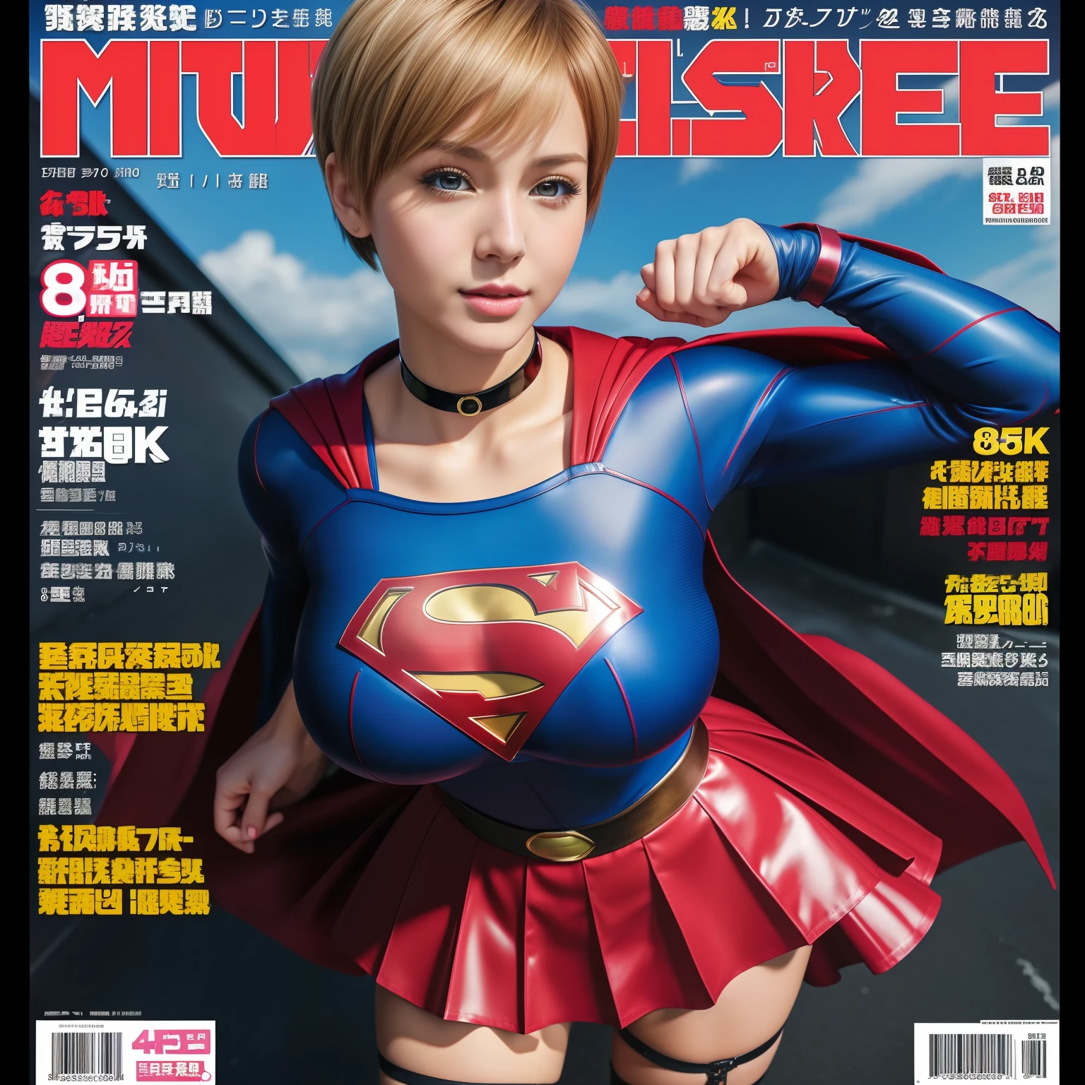 (Best Quality,4K,8K,hight resolution,masutepiece:1.2),Ultra-detailed,Realistic:1.37,Super masterpiece,Short-haired Supergirl、large full breasts、Looking at the camera、Glossy costume、a choker、Too short miniskirt、Magazine covers、Weekly Magazine