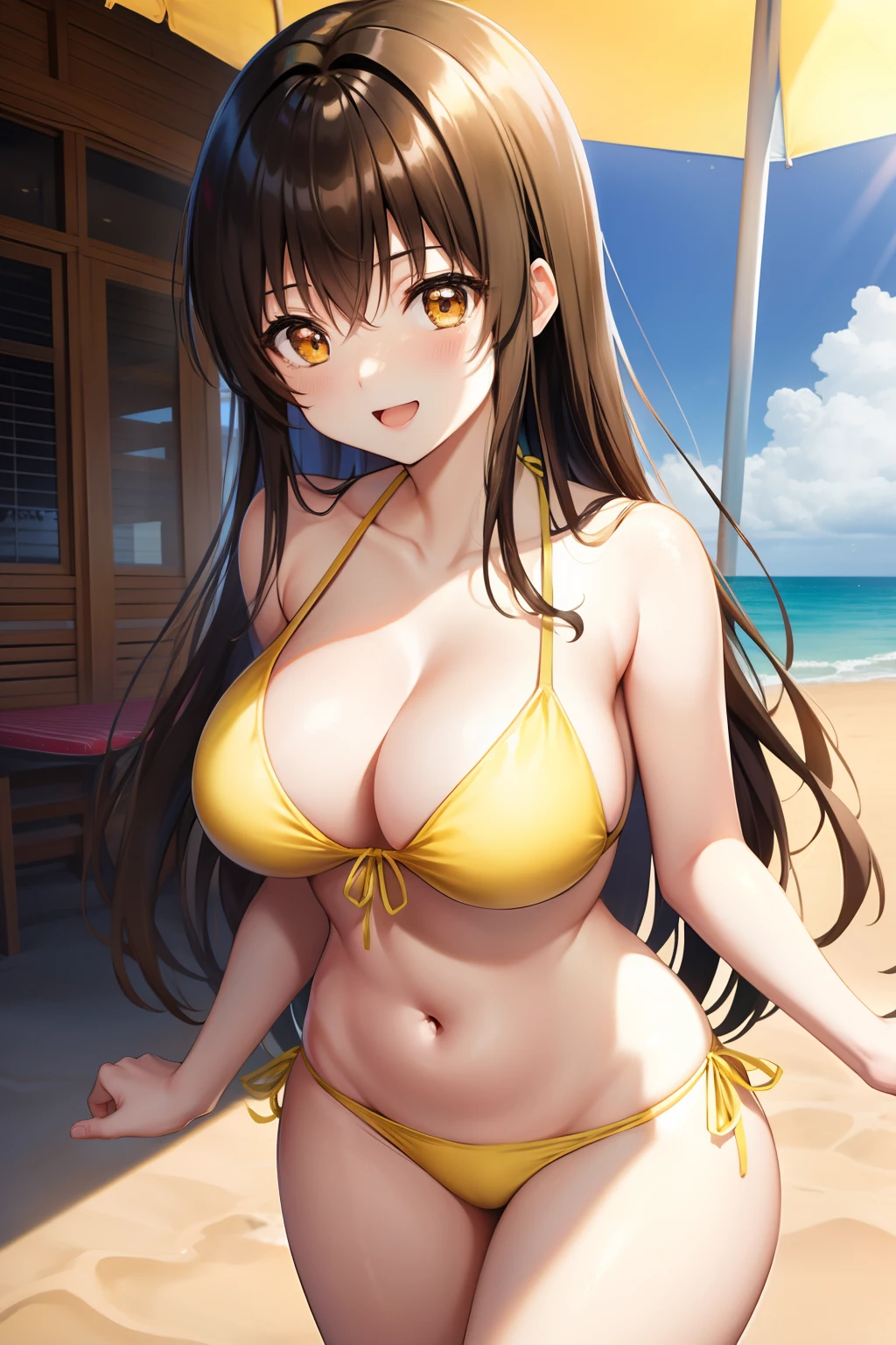 Kotegawayui, Yui Kotegawa, 独奏、Black hair, (Brown eyes:1.5), Long hair, BREAK looking at viewer, BREAK (masutepiece:1.2), Best Quality, High resolution, Unity 8k壁纸, (Illustration:0.8), (Beautiful detailed eyes:1.6), extra detailed face, Perfect Lighting, extremely details CG, (Perfect hands, Perfect Anatomy),Naughty big、large full breasts、(the beach)、(Yellow Bikini:1.3)、Smile with open mouth