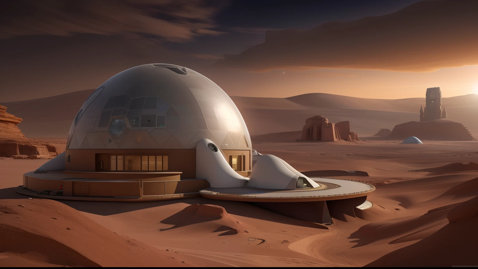 Base de naves espaciales en el desierto con un edificio futurista en el fondo, Arquitectura marciana, Futurista en el desierto, Concept Art 8 K, Colonia de Marte, Base de Marte, Arte conceptual de alto detalle de 8K, en un palacio futurista del desierto, Arte conceptual 8K HD, Render 3D de un puerto espacial SciFi, Base espacial planetaria hexagonal, Ciudad de Marte, Edificio de avanzada futurista