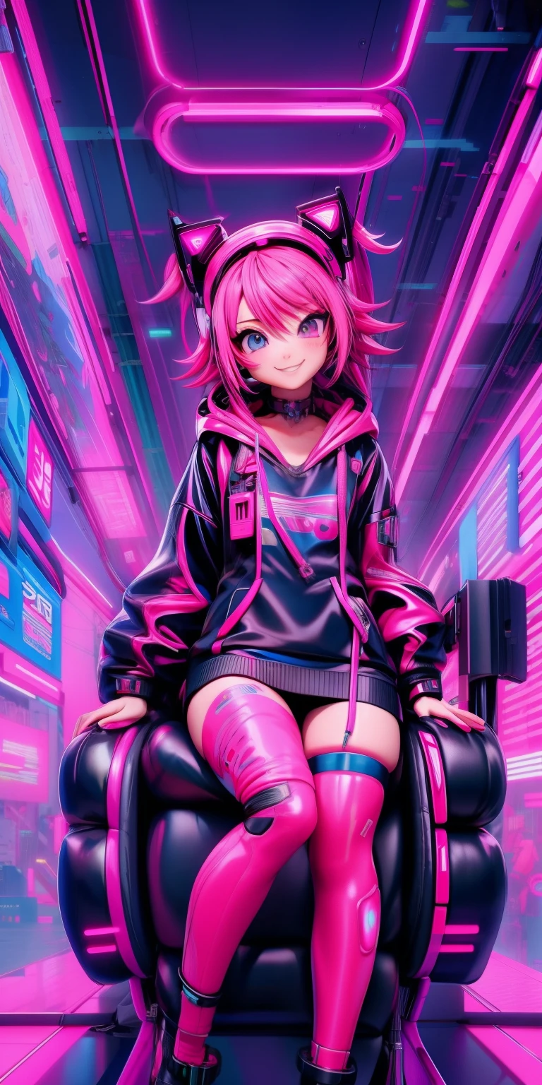 anime girl with pink hair sitting on a chair in a neon city, smiling, cyberpunk anime girl in hoodie, cyberpunk anime girl, anime style 4 k, anime cyberpunk art, best anime 4k konachan wallpaper, digital cyberpunk anime art, female cyberpunk anime girl, digital cyberpunk - anime art, cyberpunk anime art, anime cyberpunk, cyberpunk streetwear, cyberpunk art style