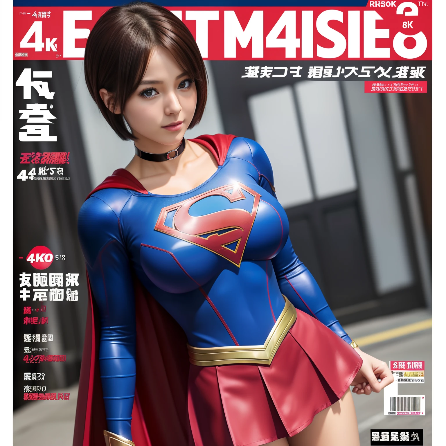 masterpiece、supergirl costume、short hair、enamel boots、big and full breasts、standing posture、Athlete body type、shiny、long sleeve、looking at camera、choker、red mini skirt、Weekly magazine cover、Sculpture Magazines、sweaty、upper body portrait、from right in front、Crisis situation、