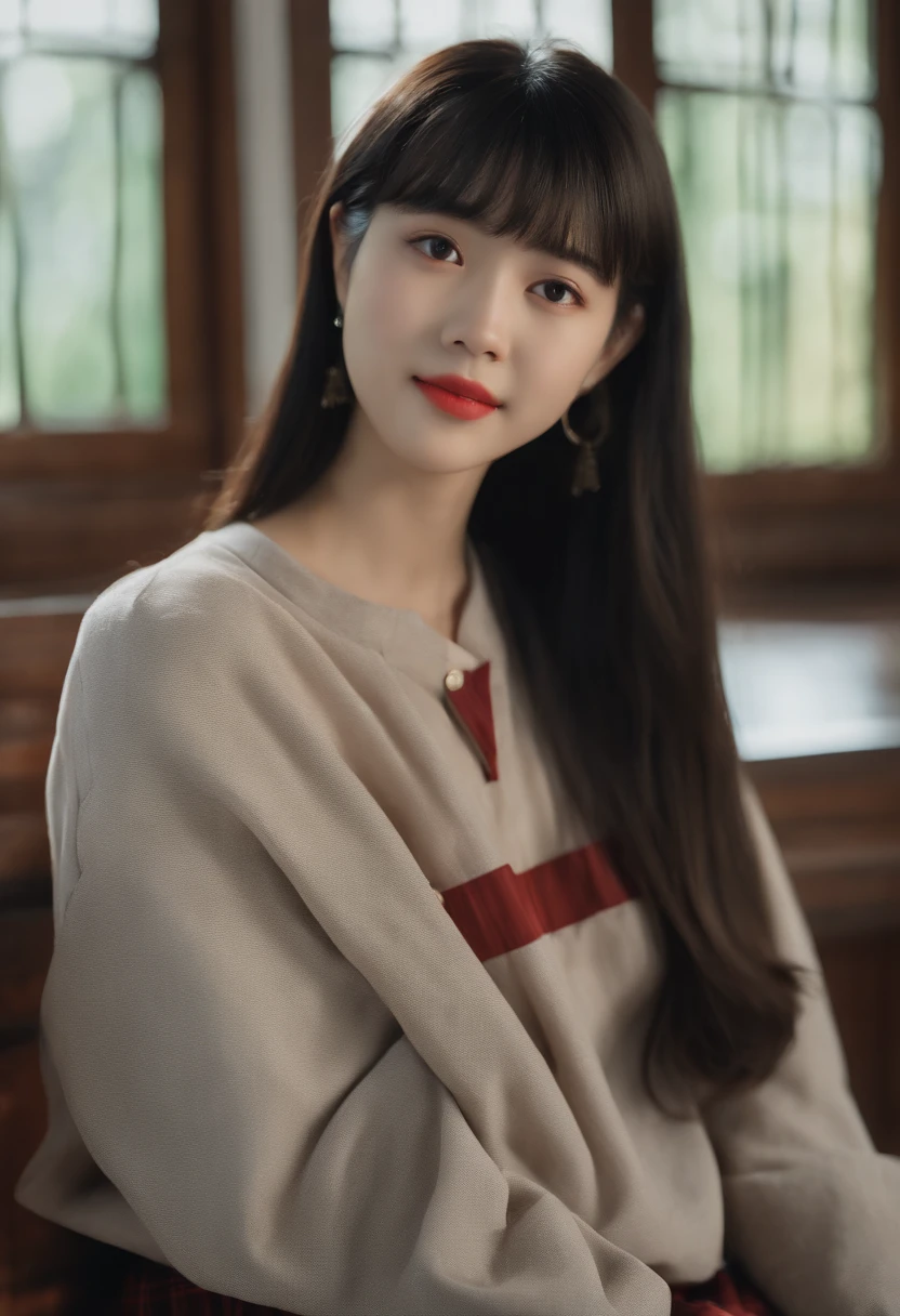 top-quality, Photorealsitic, ​masterpiece, 8K, Hi-Res, 独奏, 1girl, (((infp young woman))),、full bodyesbian、(small tits), ((Look at viewers)), (look at a camera), ((Various hairstyles close to long)）、Perfect straight black hair、With bangs、 (profetional lighting), Highly detailed bright face、Gentle Japan girl、Nice smiling face、Red T-shirt（long-sleeve）、Checked pleated skirt、Standing in the room