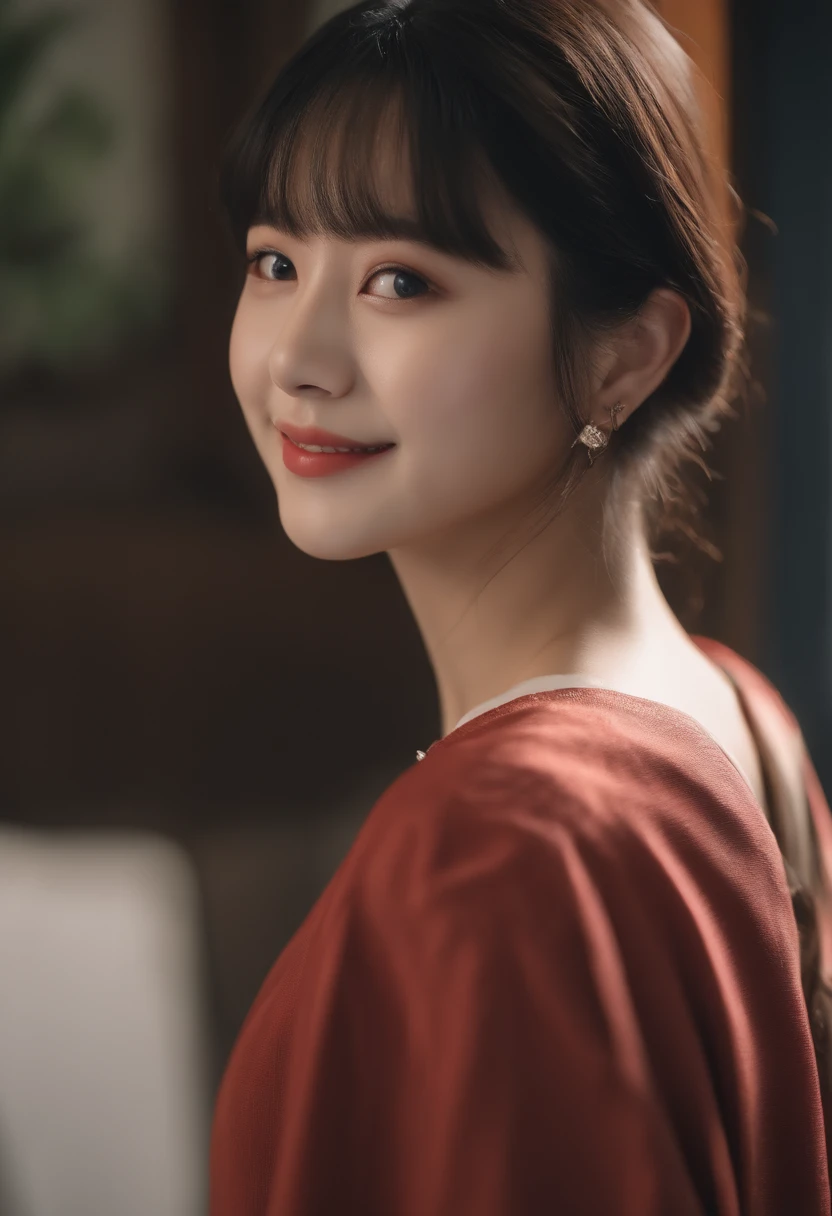 Highest quality, masterpiece, Ultra-high resolution, (Realistic:1.4), Raw photo, 1 girl, Take it off your shoulder, Bathrobes, Cinema Lighting, Realistic skin texture、Slim figure like a fashion model、21-year-old Japan woman、Brown long hair、Messy Hair、Smiling Kindly