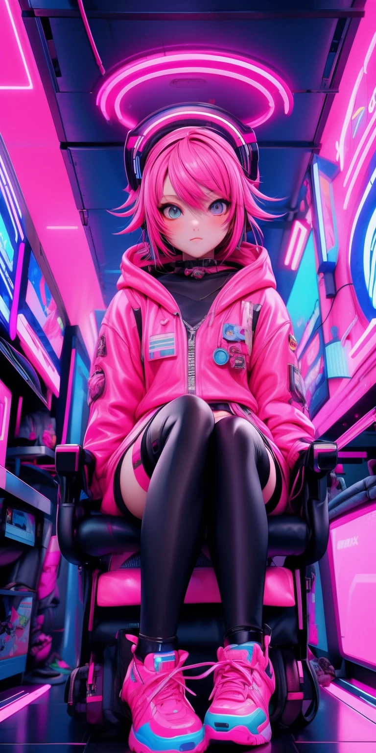 anime girl with pink hair sitting on a chair in a neon city, cyberpunk anime girl in hoodie, cyberpunk anime girl, anime style 4 k, anime cyberpunk art, best anime 4k konachan wallpaper, digital cyberpunk anime art, female cyberpunk anime girl, digital cyberpunk - anime art, cyberpunk anime art, anime cyberpunk, cyberpunk streetwear, cyberpunk art style