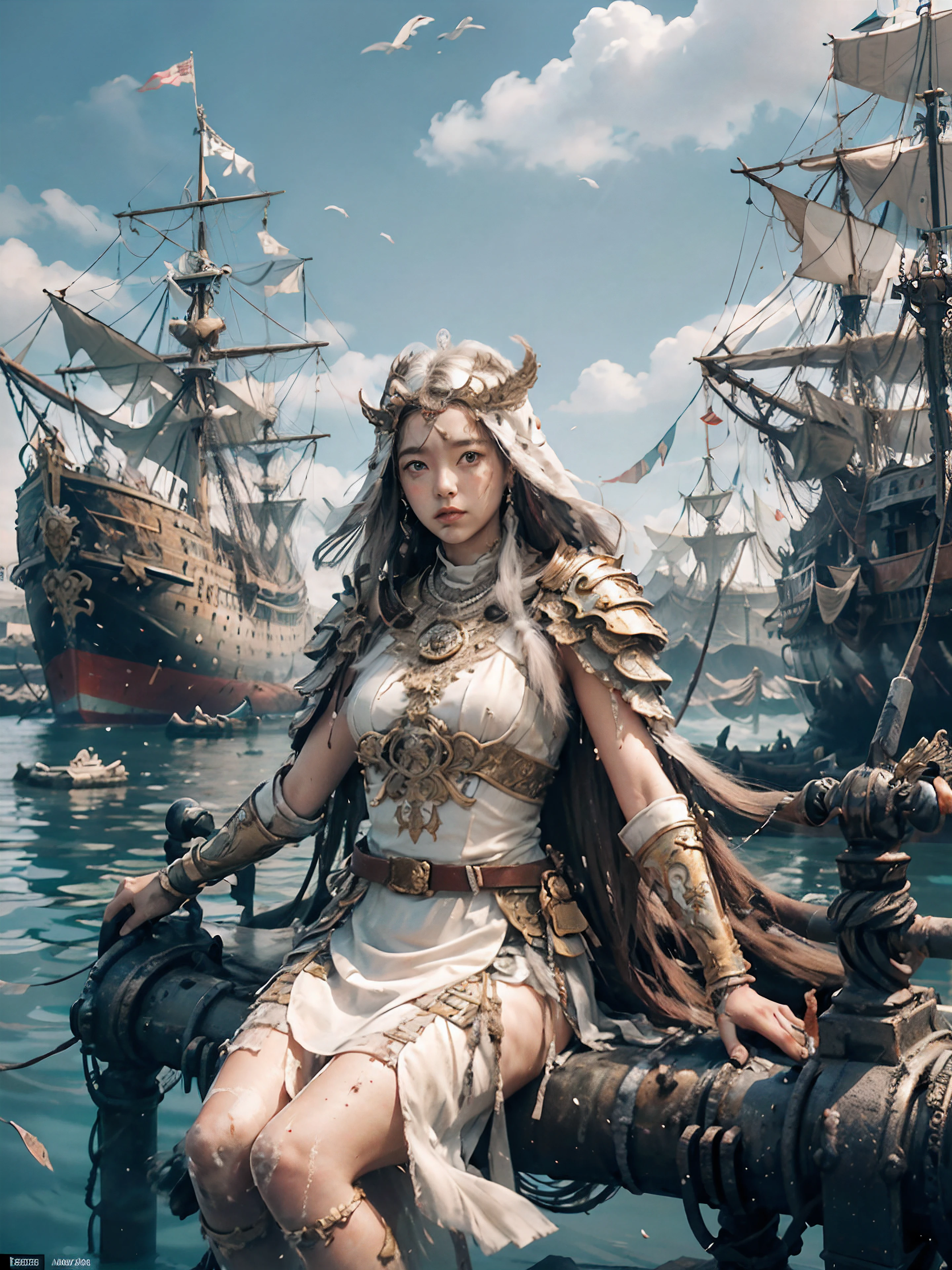 a woman in a white dress is sitting on a boat, an underwater city, human leg photography, real-life brook, photo realisitc, featured in artistation, destroyed ship, unsplash, beautiful and creepy, standing on the mast, sinking underwater, ancient majestic, by Jeanna bauck, getty images